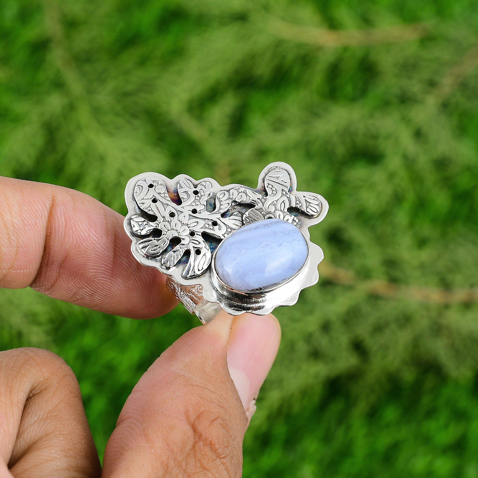 Natural Blue Lace Agate 925 Silver Multi Stone Adjustable Ring For Girls