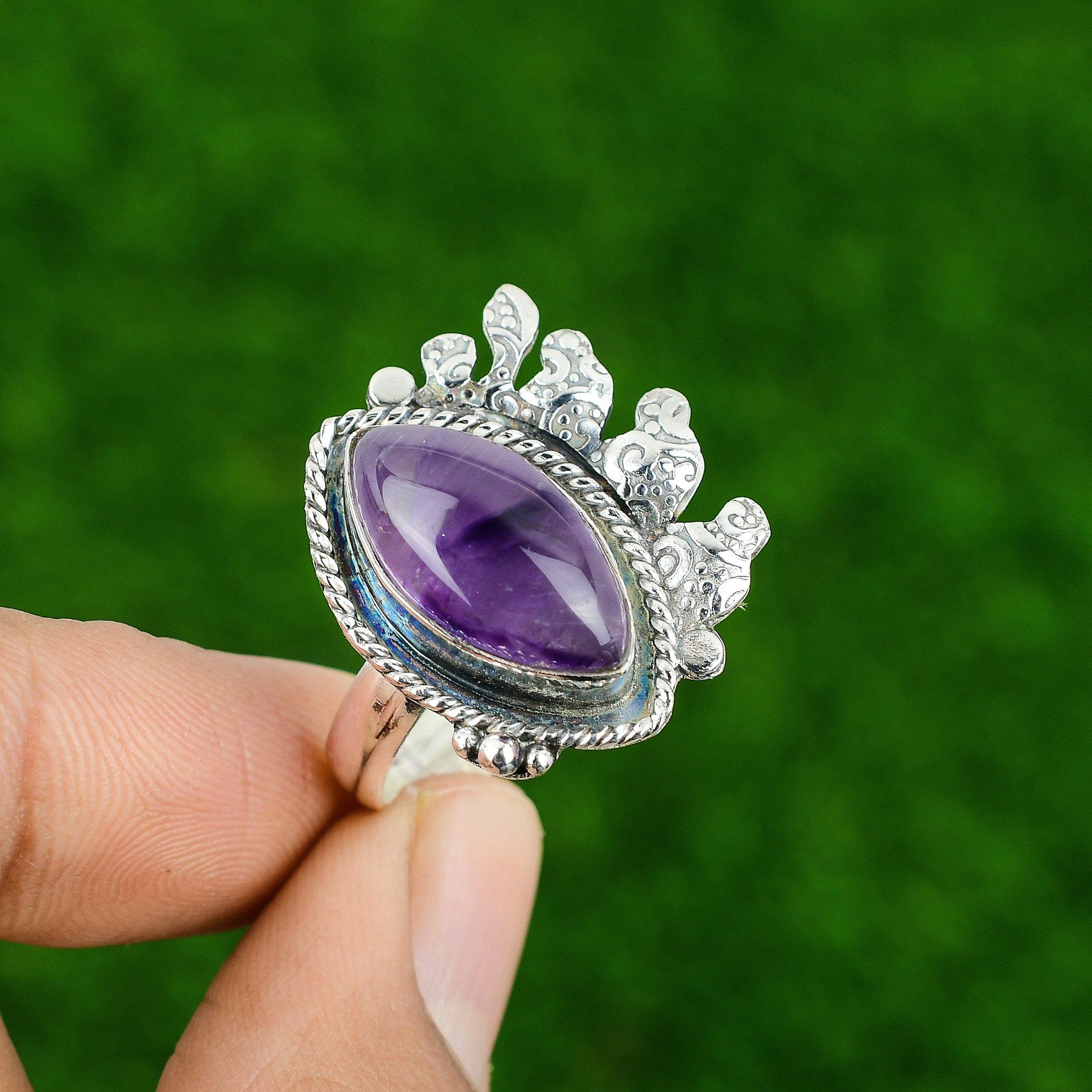 Gift For Her Natural African Amethyst Promise Adjustable Ring 925 Silver