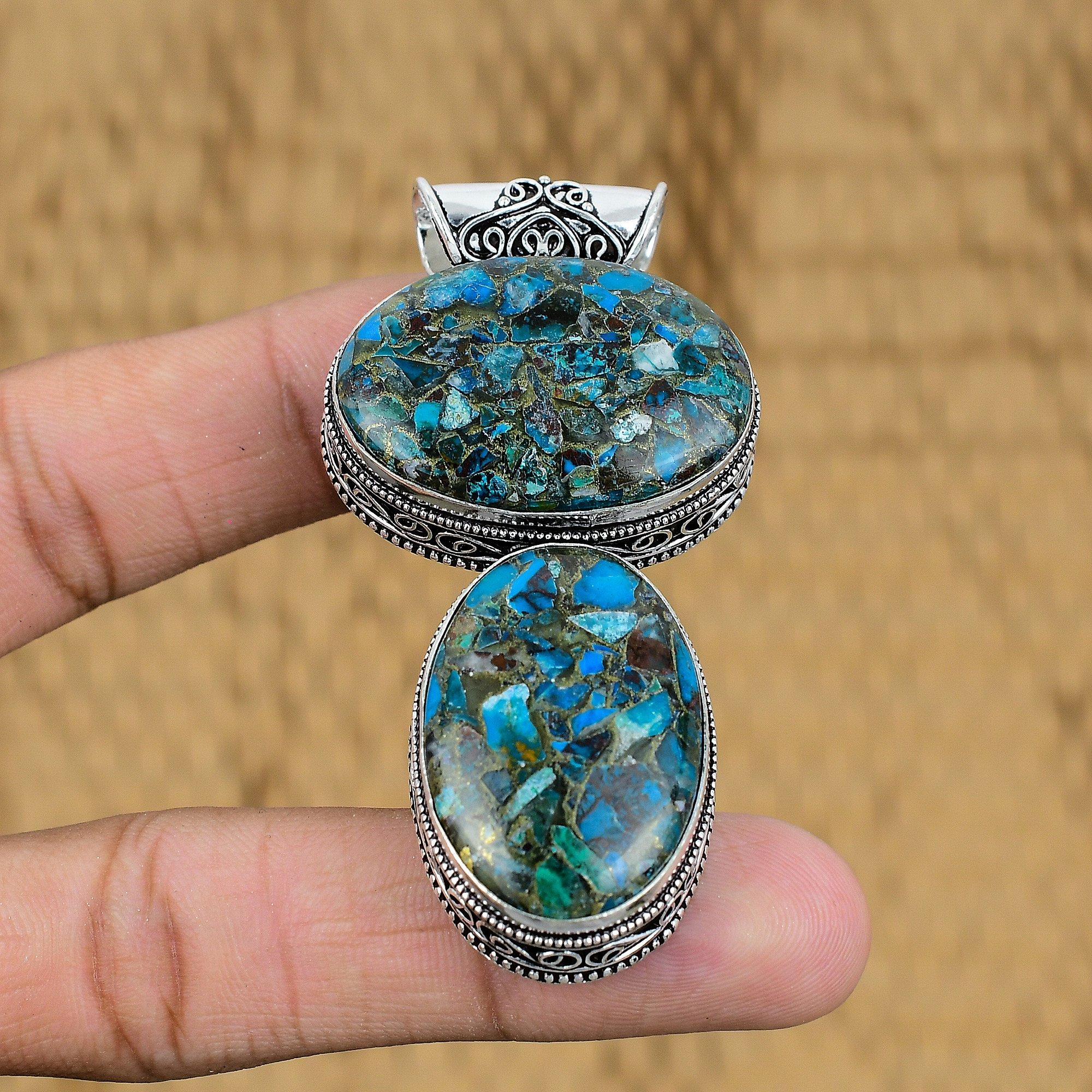 Birthday Gift For Her Natural Copper Chrysocolla Pendant Vintage 925 Silver