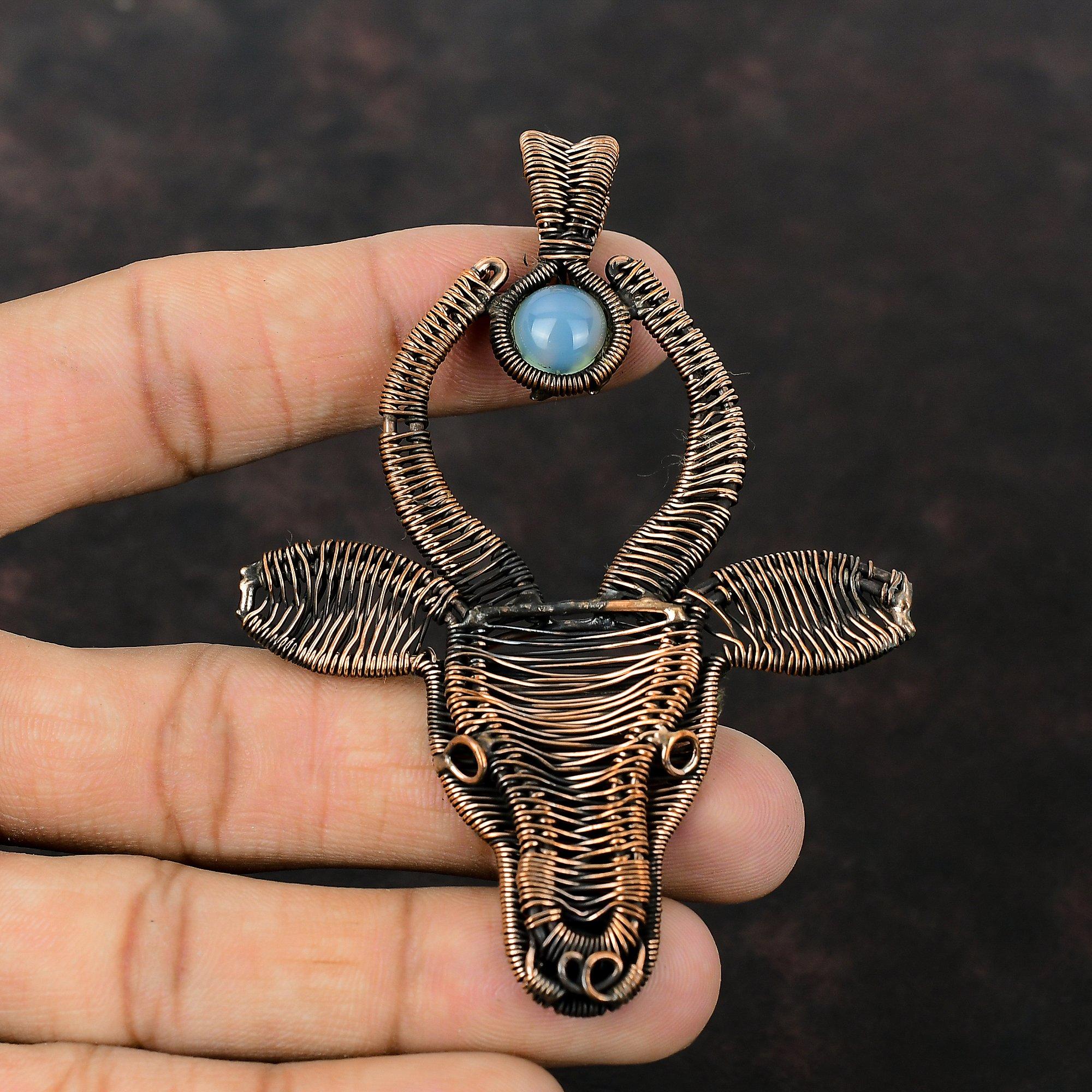 Aquamarine Pendant Copper Wire Wrapped Pendant Handmade Copper Jewelry Gift For Him Genuine Gemstone Pendant Bull Face Jewelry Boho Pendant