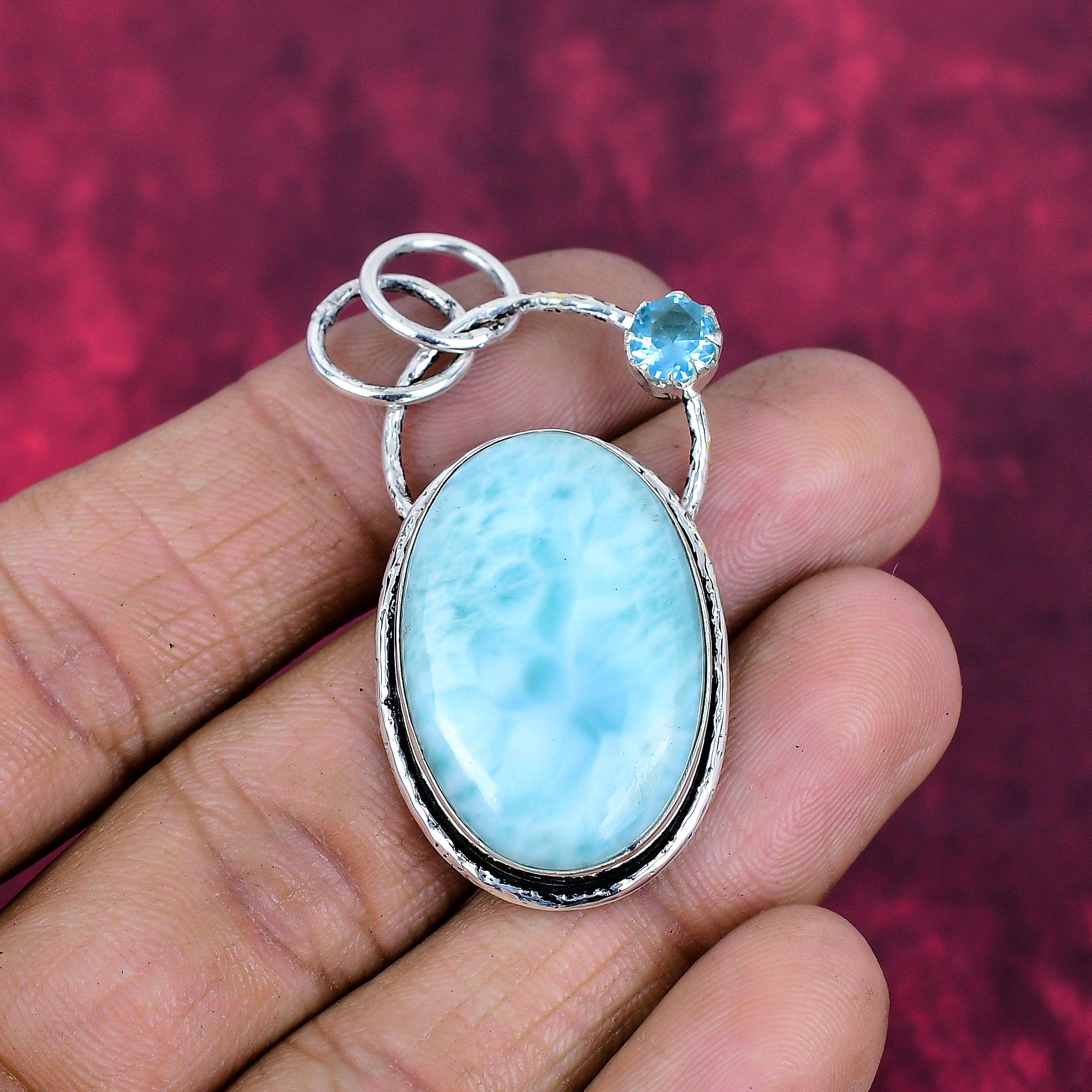 Larimar & Blautopas Anhänger, 925 Sterlingsilber Anhänger Schmuck. Geschenk für Frauen, handgefertigter Anhänger, Edelsteinschmuck