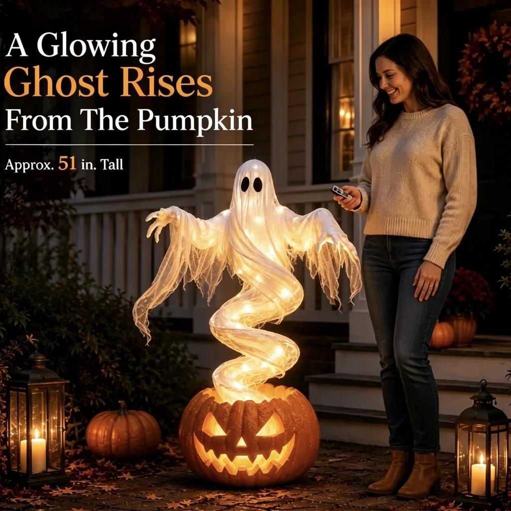 Halloween Rotating Ghost Pumpkin Yard Lamp, Resin Light‑up Decor for Home Garden Holiday Party