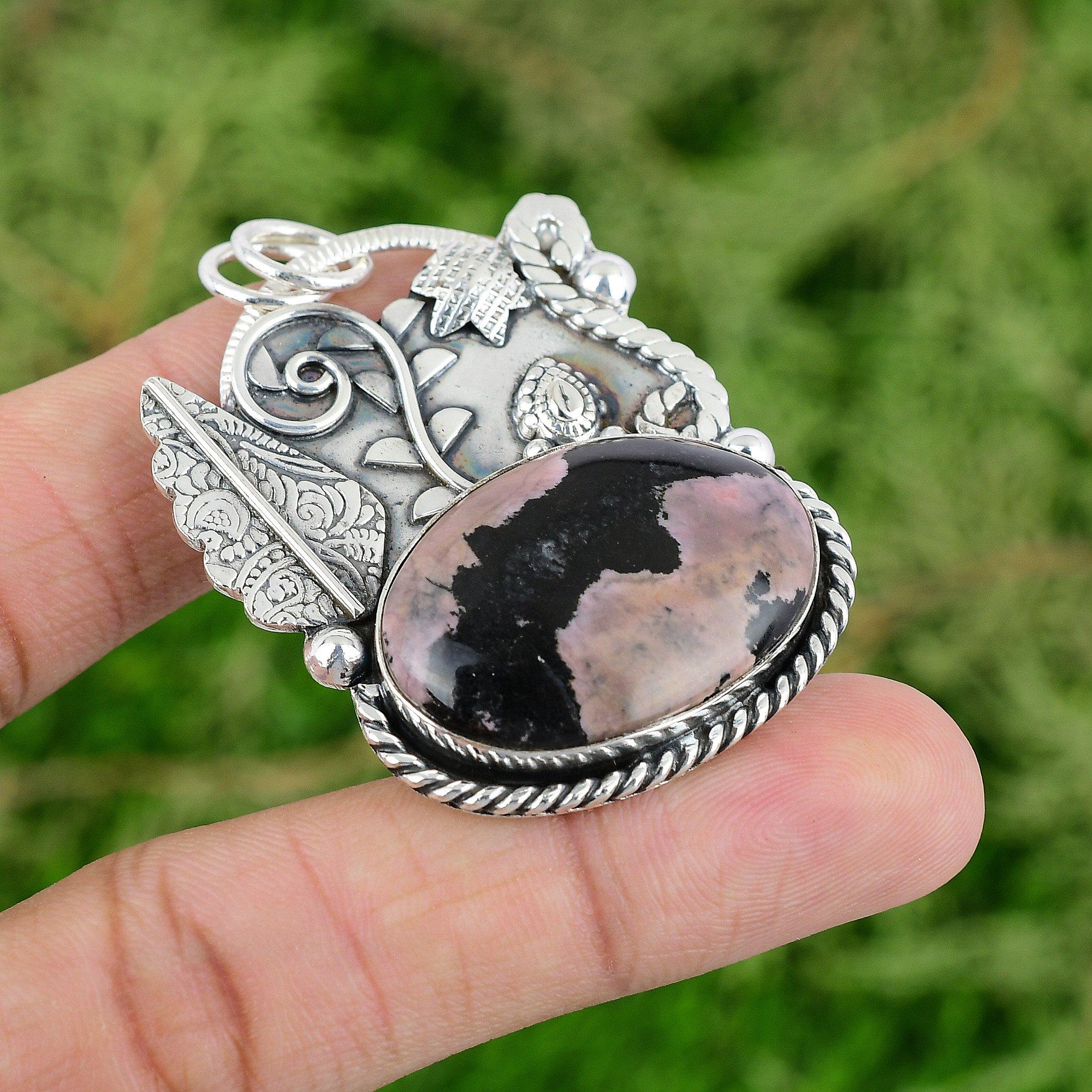 Heart Chakra Natural Rhodonite 925 Sterling Silver Anniversary Wedding Pendant