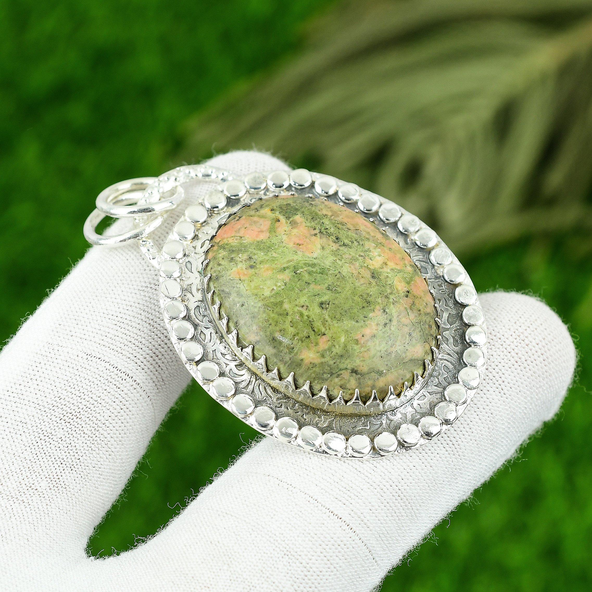 Natural Unakite Gemstone Pendant Green 925 Sterling Silver Indian Jewelry
