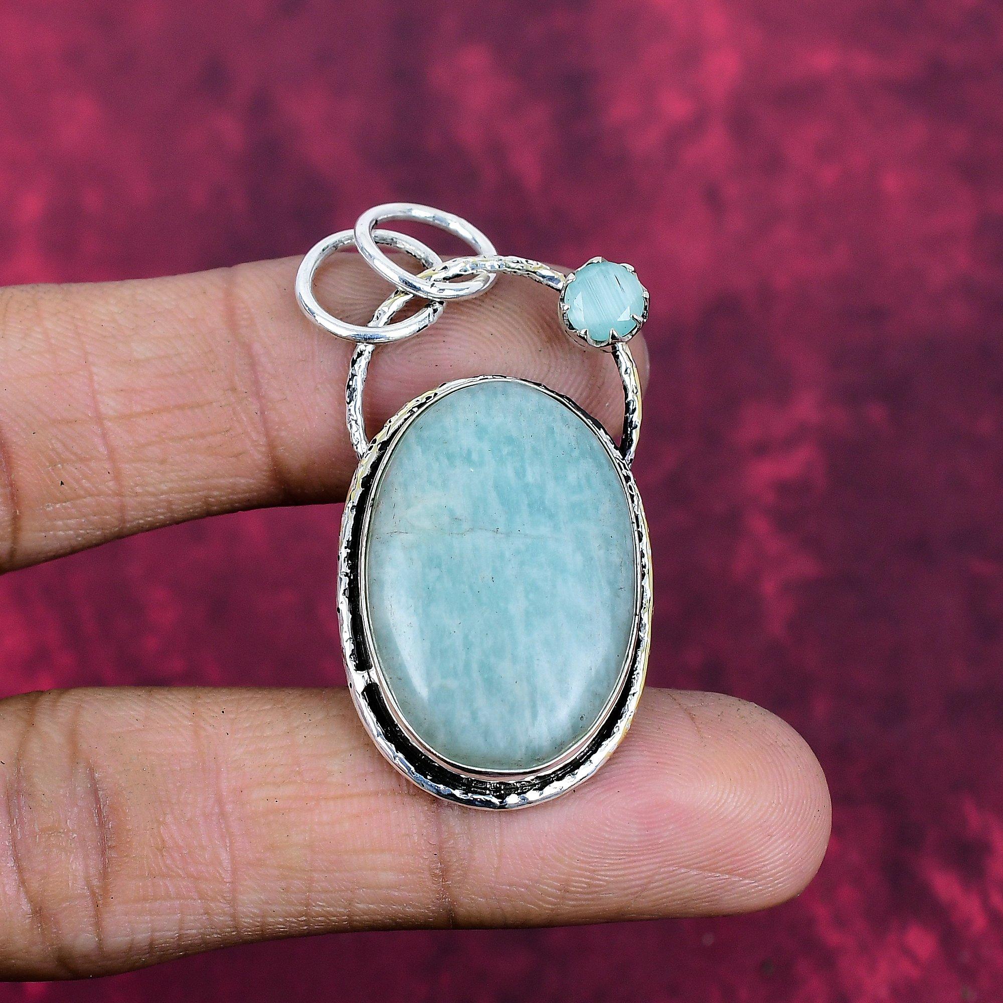 Amazonite & Aqua Chalcedony Gemstone Jewelry, 925 Solid Sterling Silver Pendant, Handmade Boho Amazonite Pendant For Gift