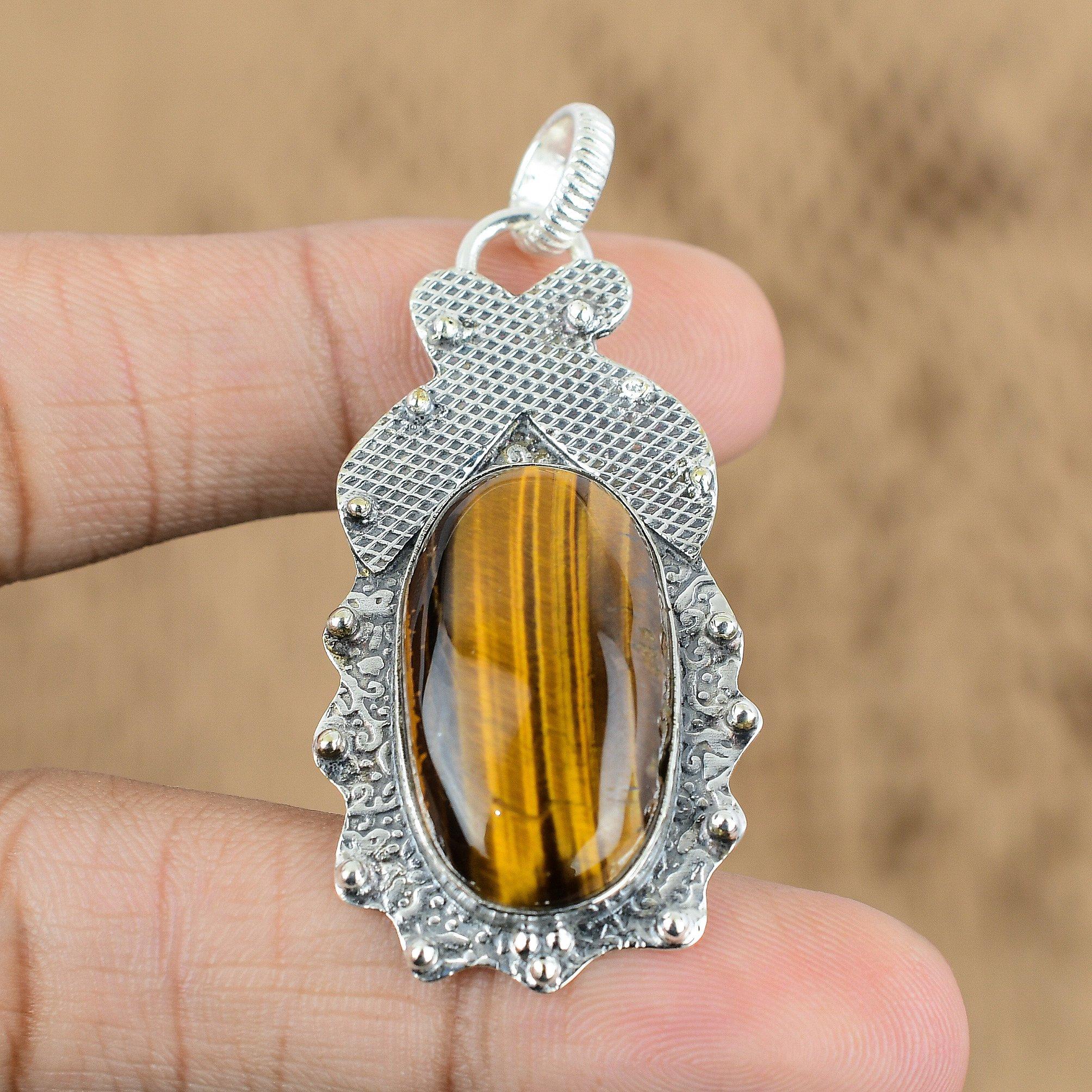 Gift For Women Jewelry Pendant 925 Sterling Silver Natural Tiger'S Eye Gemstone