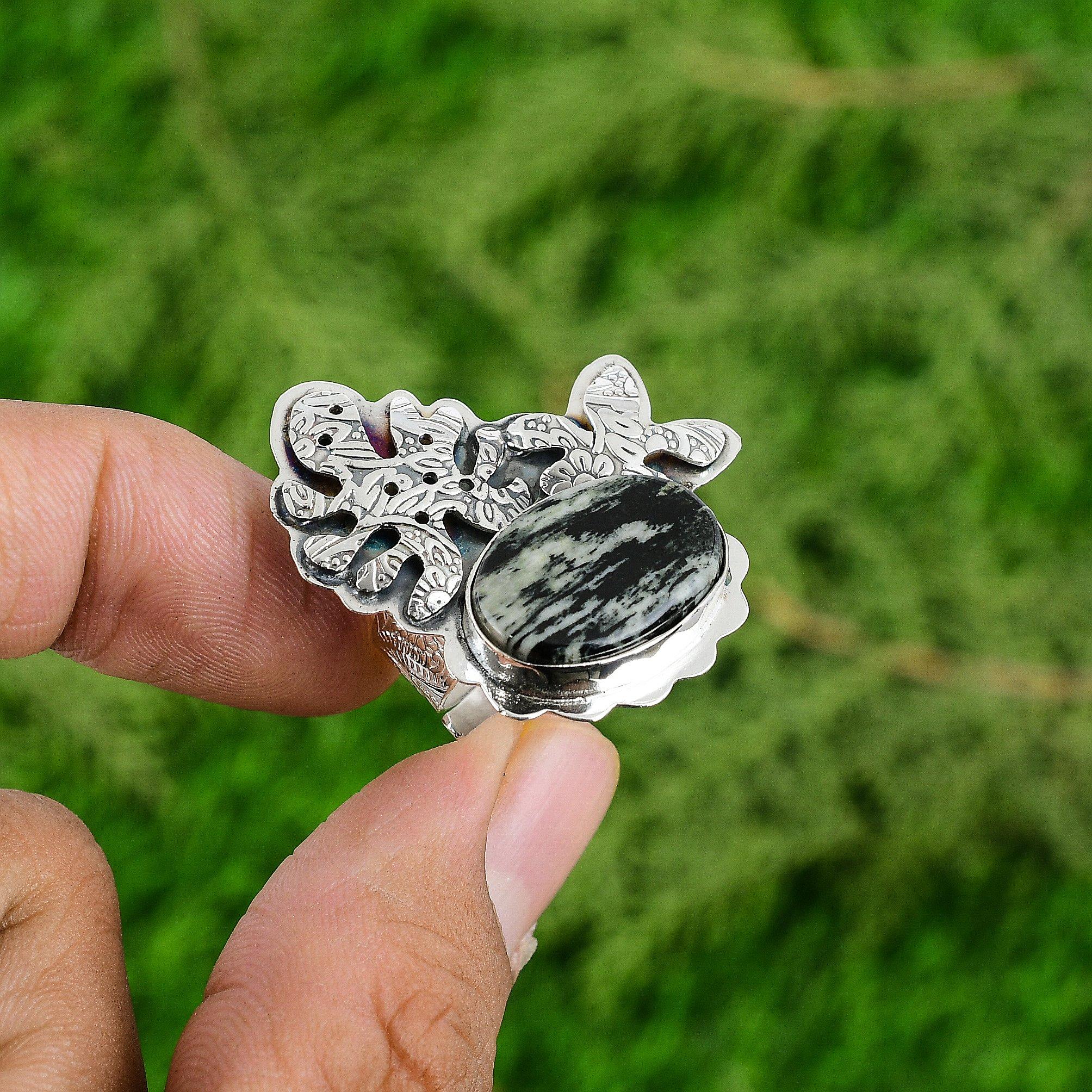 Natural Silver Leaf Jasper Gemstone Multi Stone Adjustable Ring 925 Silver