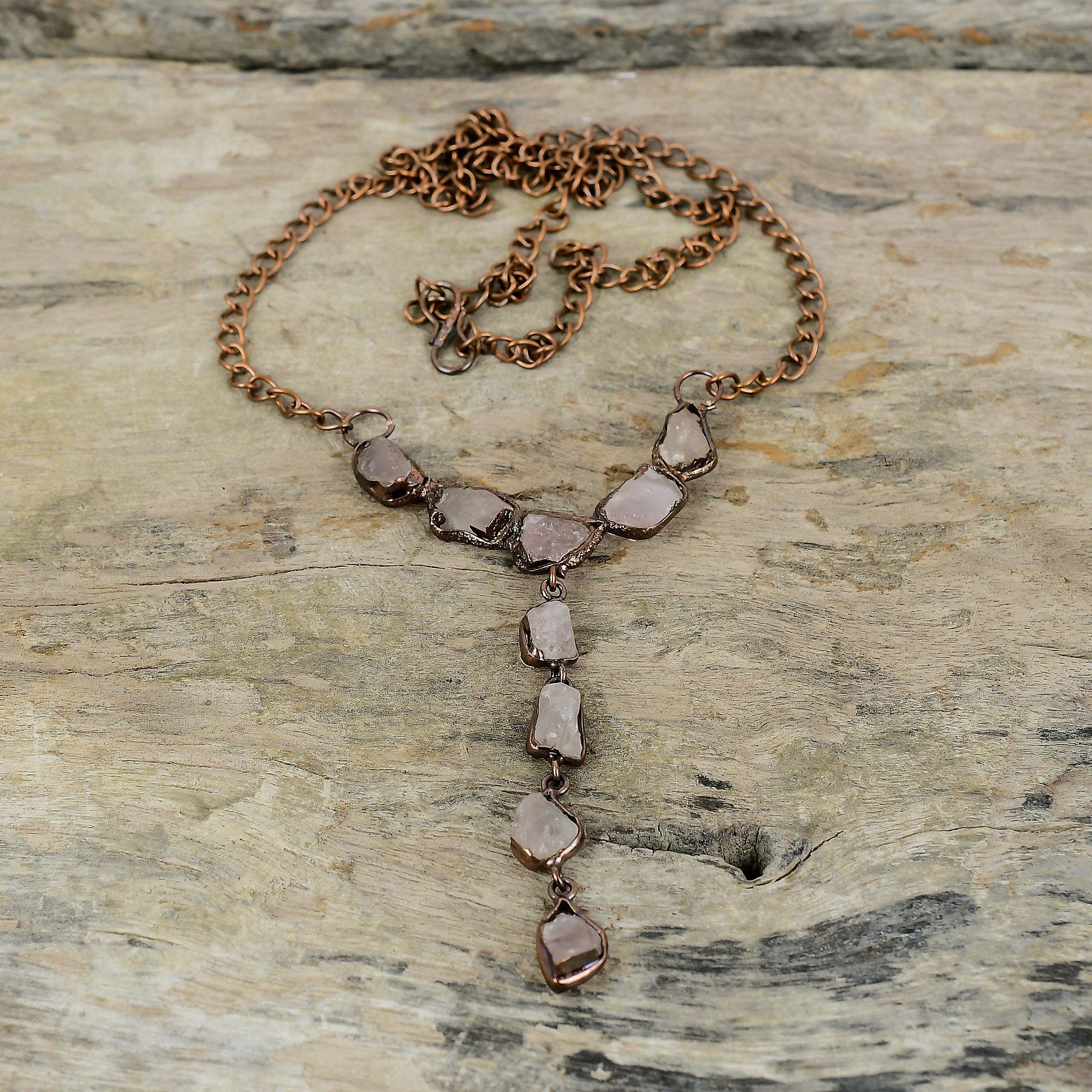 Collar de Cuarzo Rosa en Bruto Collar de Cobre Electroformado Collar de Cadena Ajustable Joyería Electroformada Hecha a Mano Collar de Piedra Preciosa Para Regalo