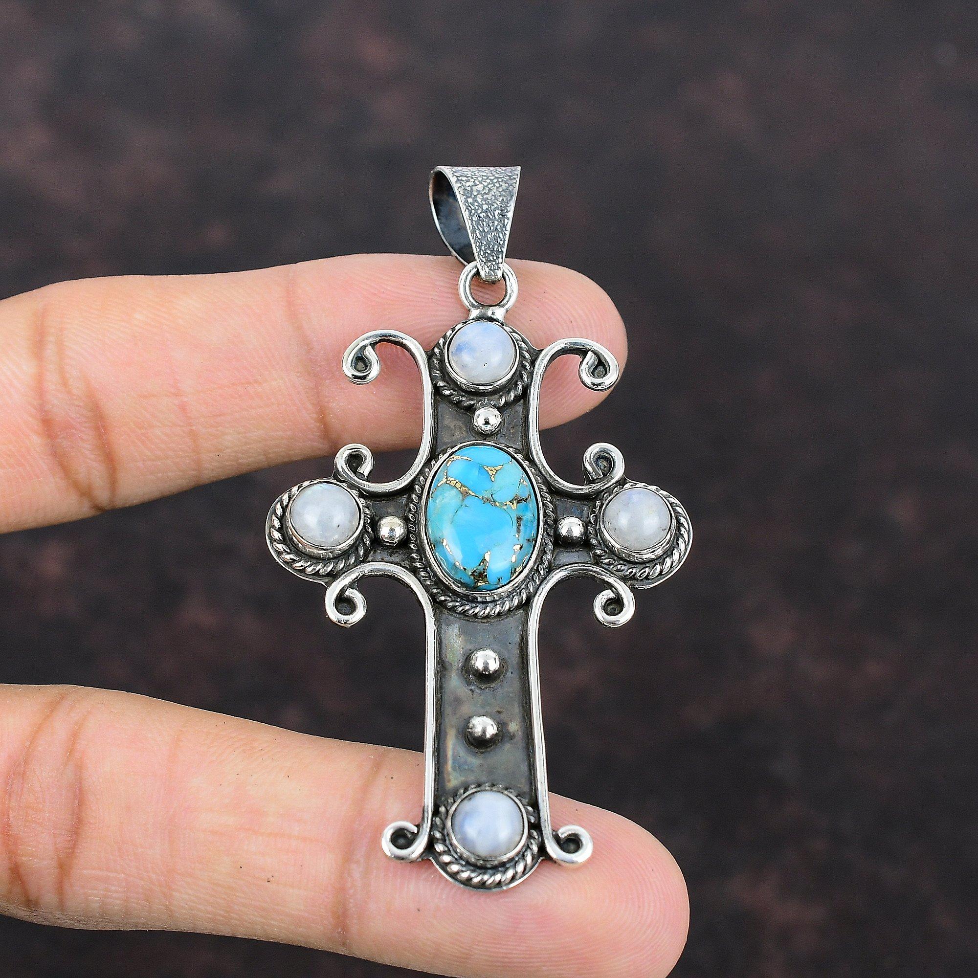Pendentif Croix Turquoise Argent Sterling 925 Fait Main - Bijou Artisanal Pierre Bleue
