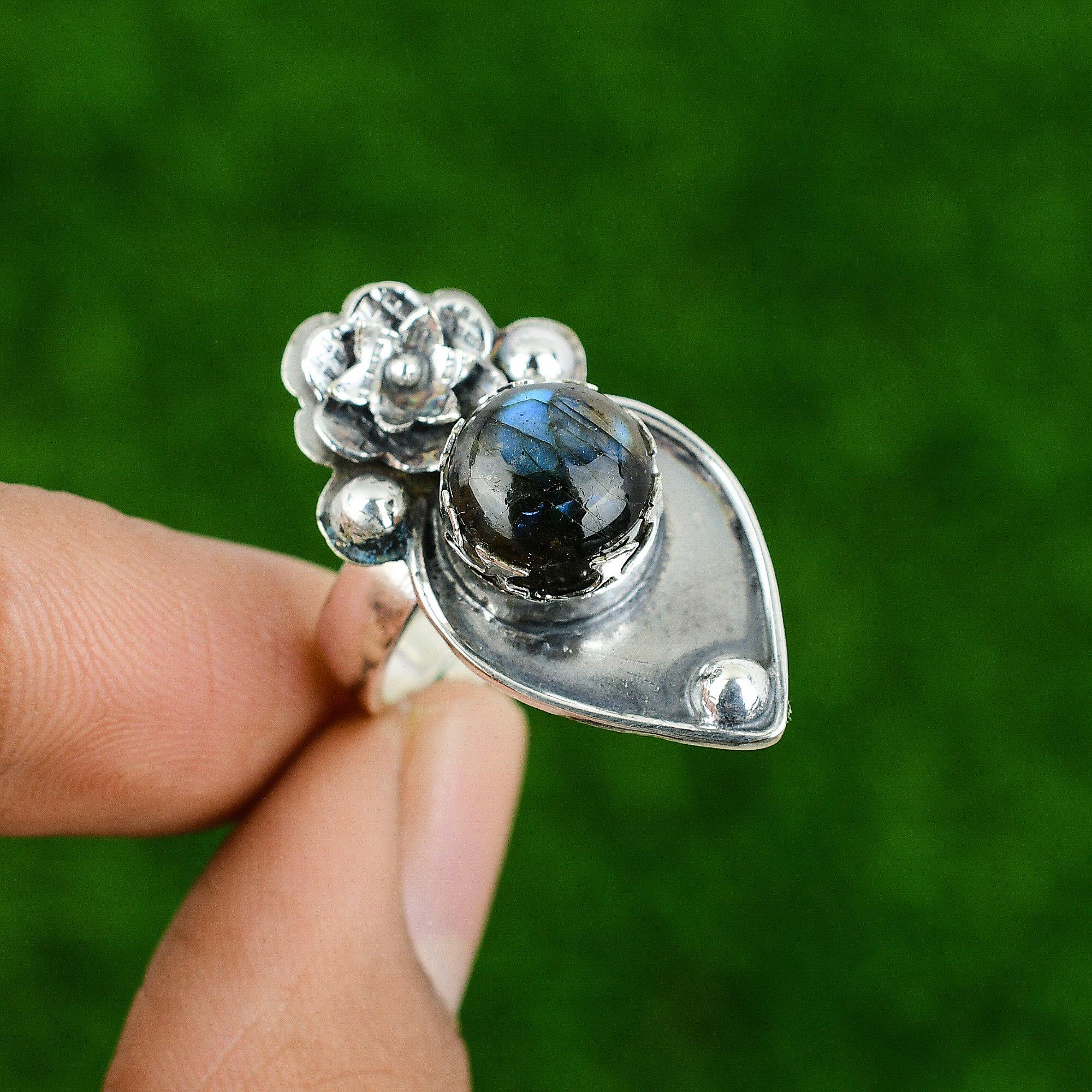Gift For Her 925 Silver Natural Labradorite Stackable Flower Adjustable Ring