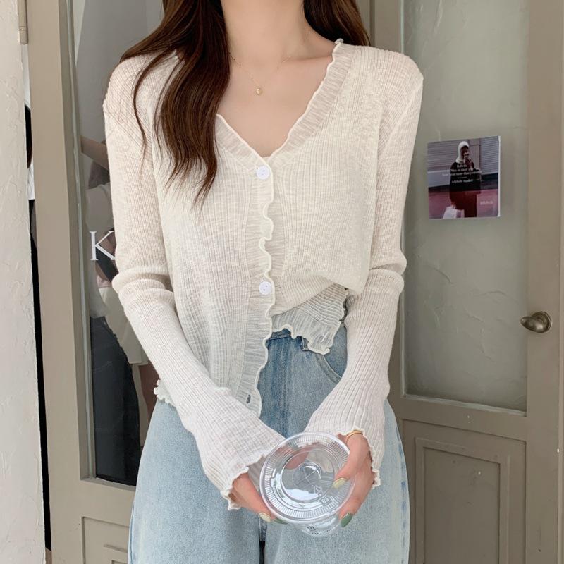 Ležérní ledový hedvábný krém na opalování Pletená halenka Cardigan Dámské letní tenké modely Šatka s dlouhým rukávem Krátká malá bunda Tide