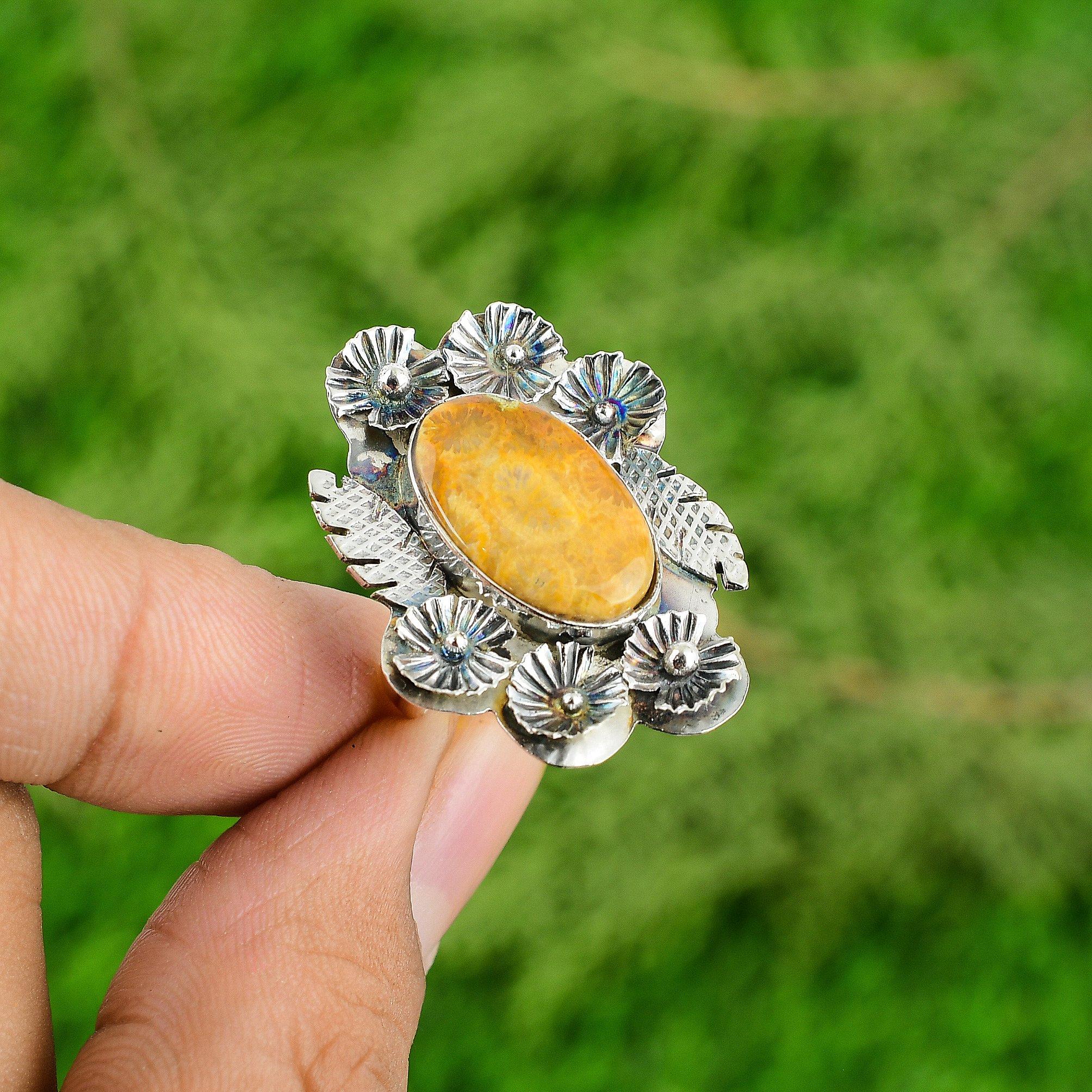 Natural Fossil Coral Statement Flower Adjustable Ring 925 Silver For Girls