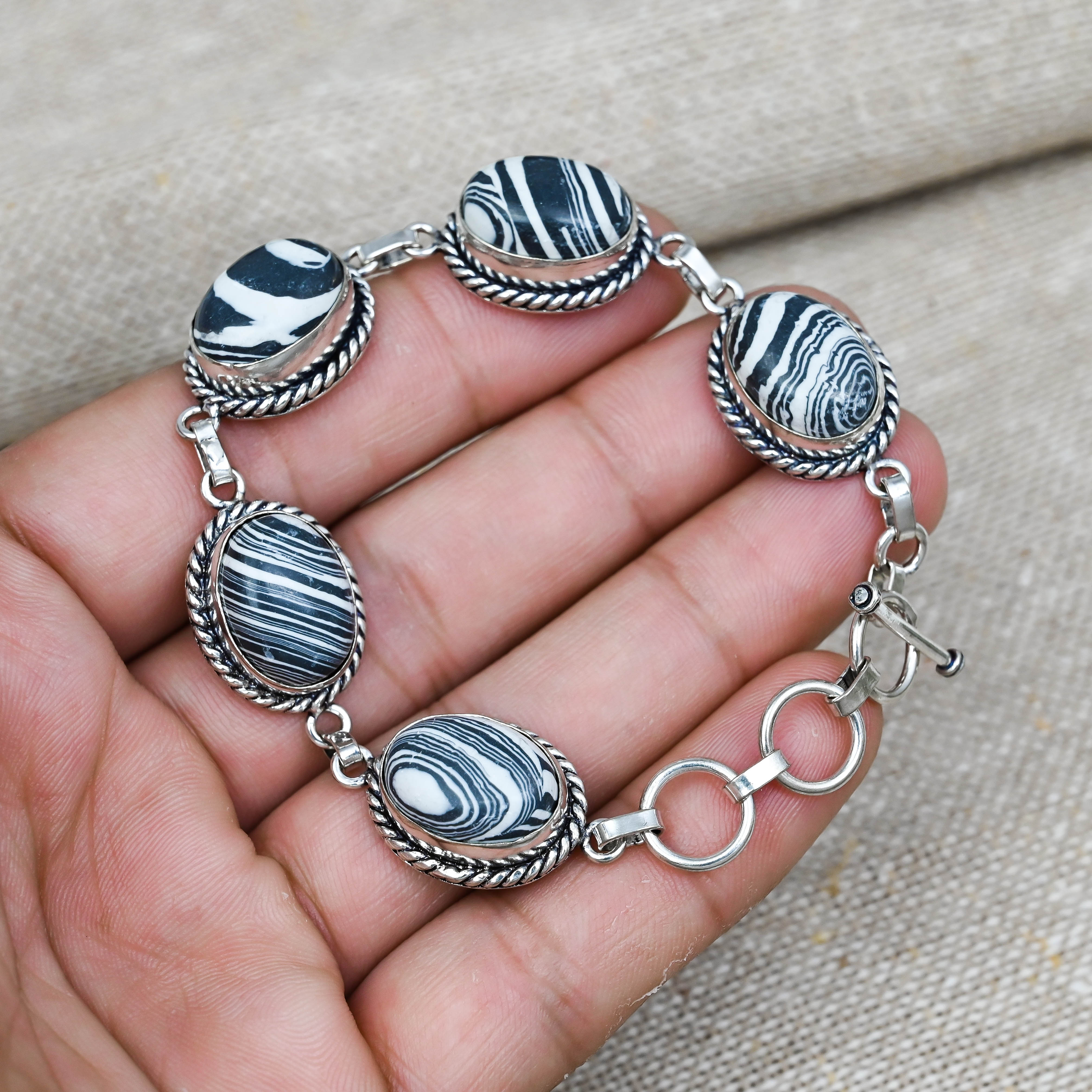 Zebra Jasper Gemstone Handmade 925 Solid Sterling Silver Jewelry Exquisite Bracelet For Women