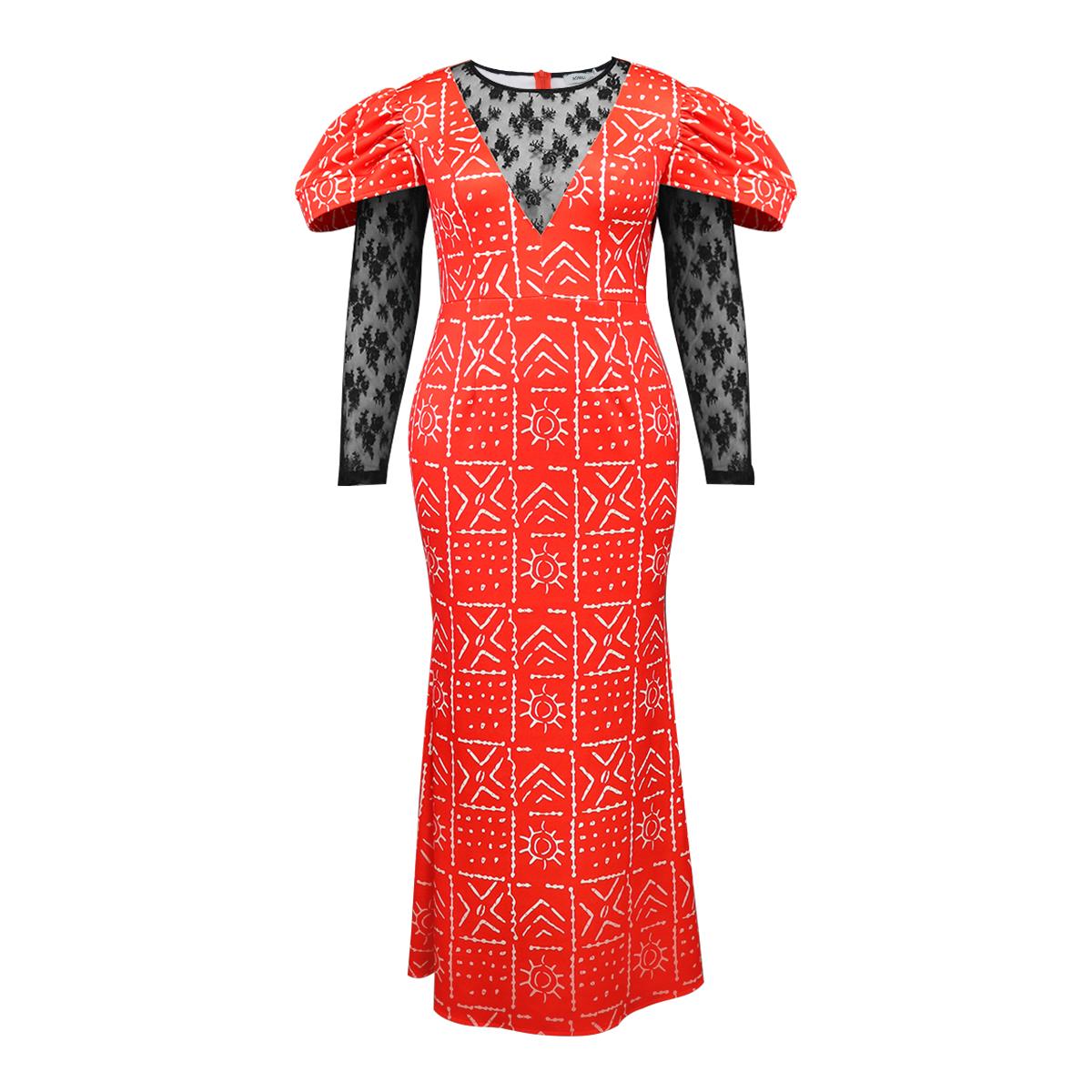 AOMEI Printed Long Party Dresses for Women Red Black Lace Patchwork O Neck  See Through Vintage Elegatn Celebrate Occasion Gowns Retro