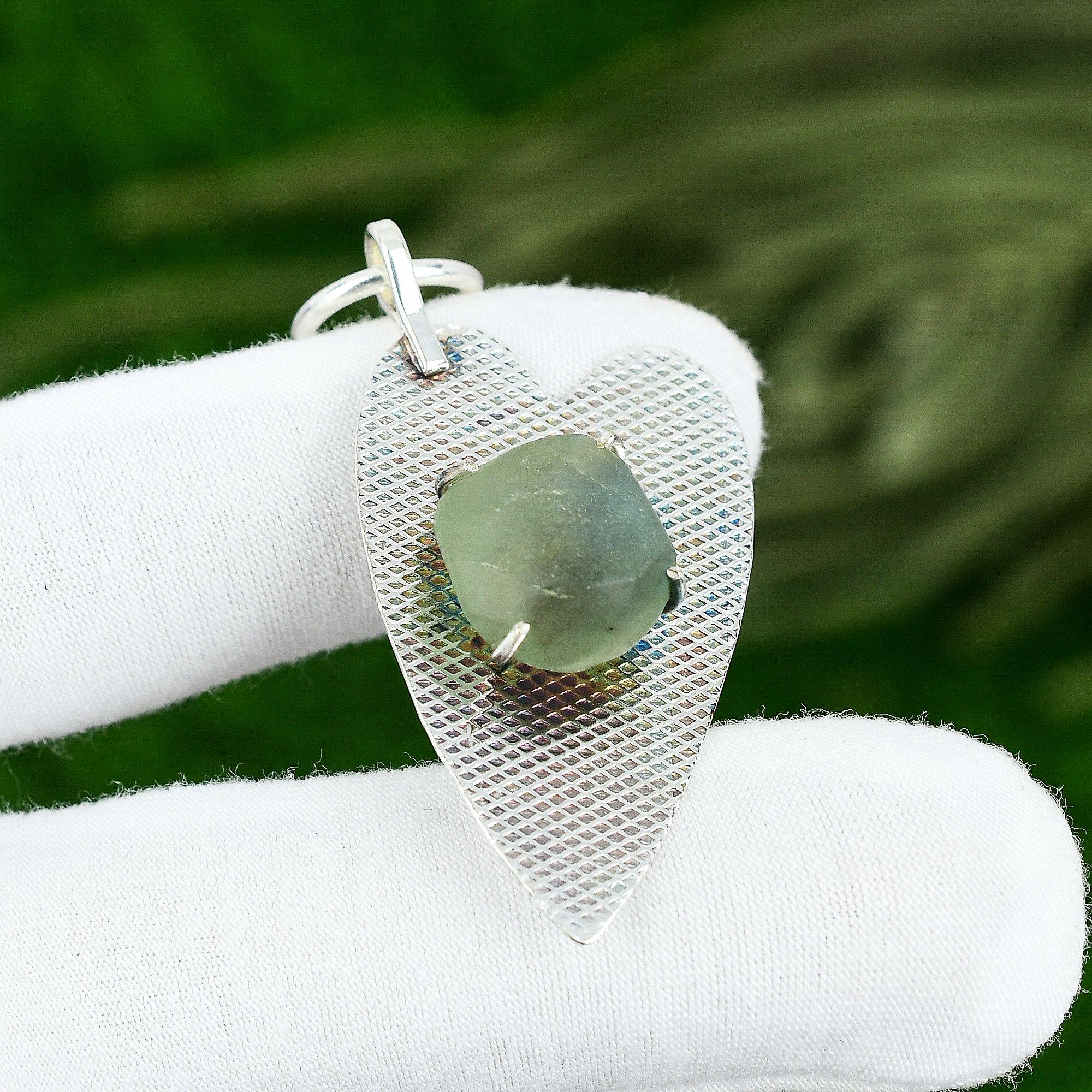 Sterling Silver Pentagon Prehnite Rough Gemstone Mother Boho Anniversary Pendant