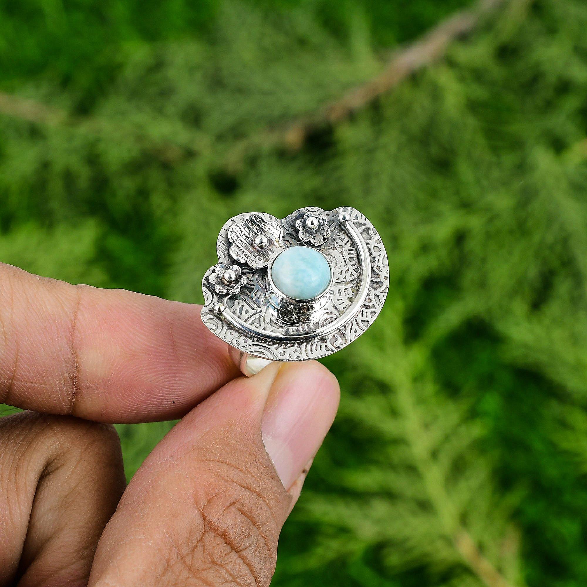 Mothers day Deal Sterling Silver Round Larimar Gemstone Stackable Flower Ring