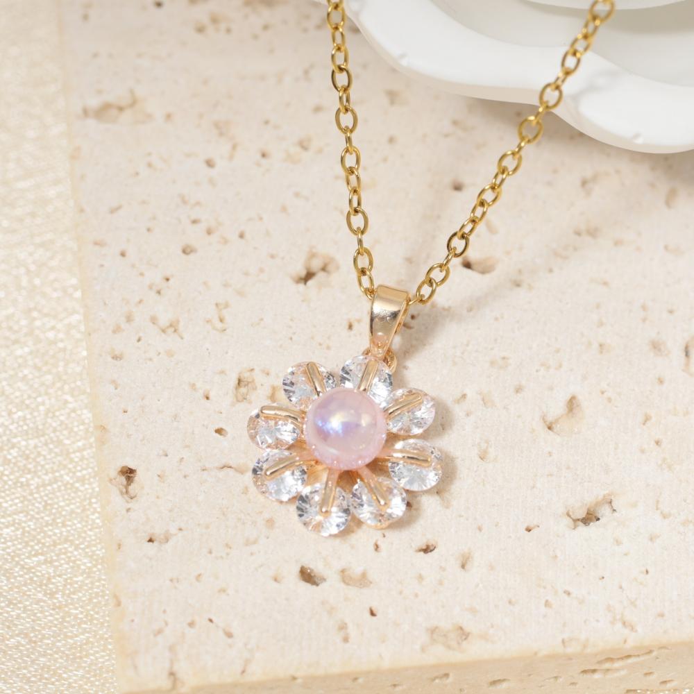 Stainless Steel Pink Imitation Pearls Flower Pendant Necklace with Zirconia for Women