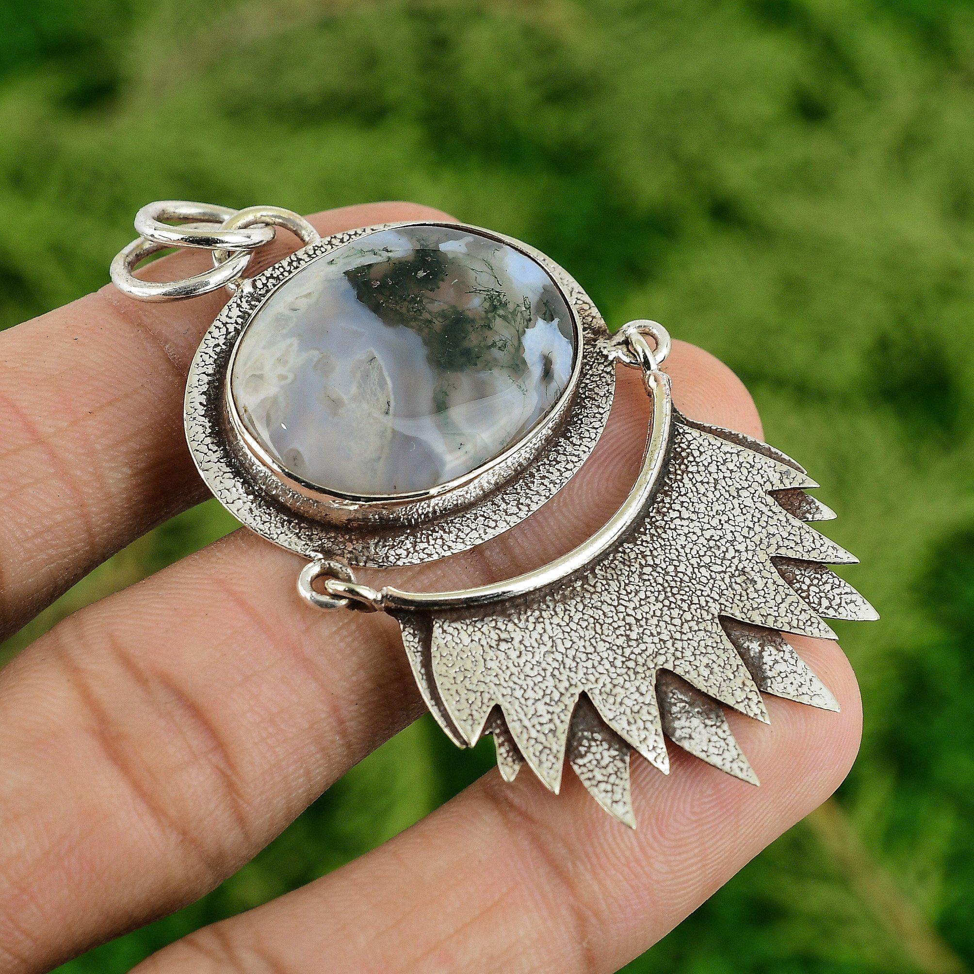 Daughters Day Deal 925 Silver Oval Solar Moss Agate Stone Bezel Pendant Jewelry