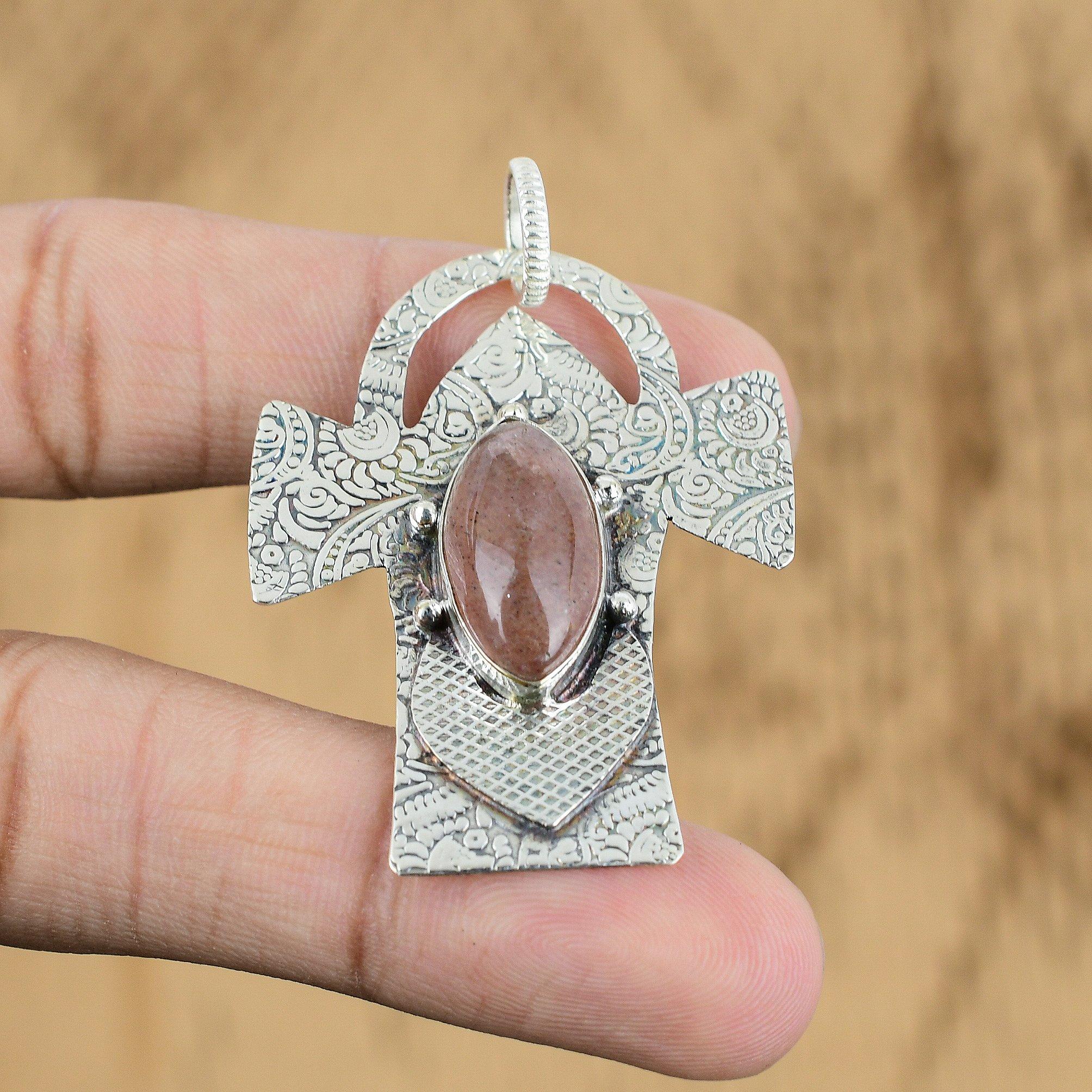 925 Sterling Silver Marquise Sunstone Stone Handcrafted Ethnic Pendant Jewelry