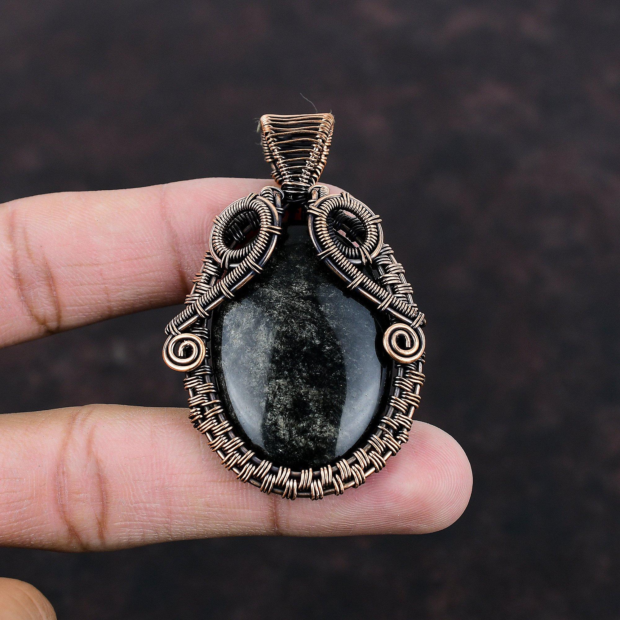 Stříbrný lesk Obsidiánový přívěsek měděný drát omotaný přívěsek Unikátní měděný design šperků Ručně vyrobený přívěsek z drahokamů Svatební dárek drátěný šperk