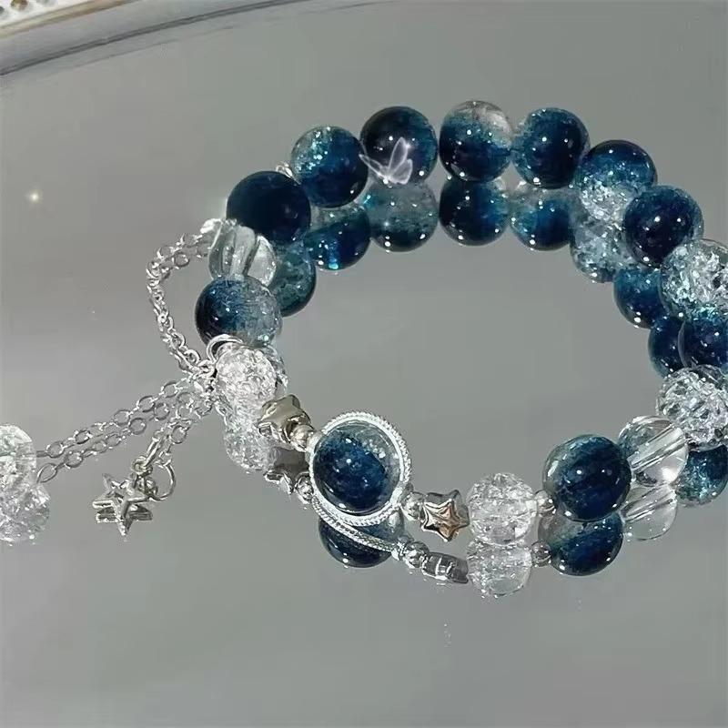 Niche Design Gradient Blue Crystal Beads Bracelet For Women Girls Korean Sweet Star Tassel Bracelet Friendship Jewelry Gifts