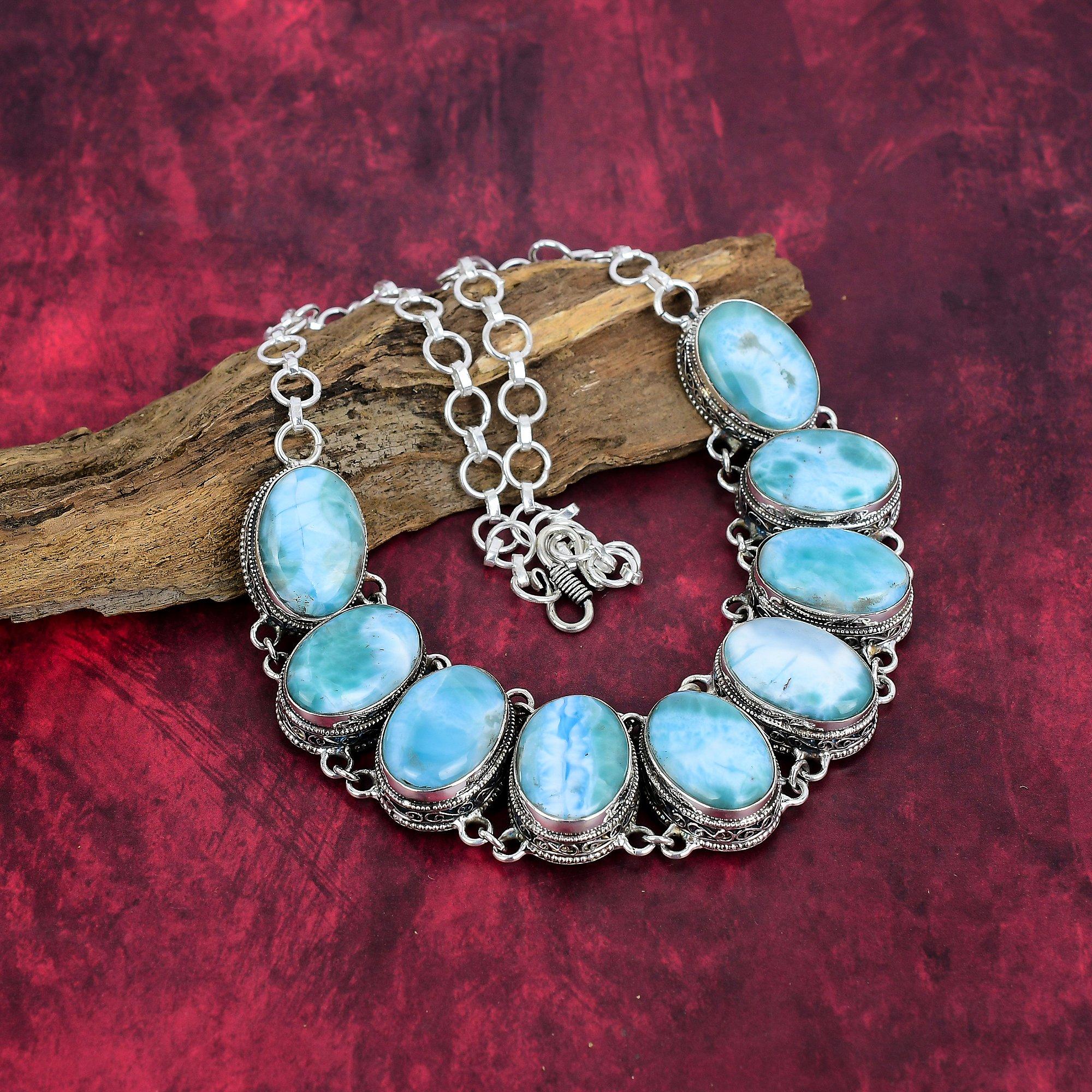 Larimar 925 Sterling Silber Halskette mit verstellbarer Kette, handgefertigte Edelstein Schmuck Halskette für den Gedenktag