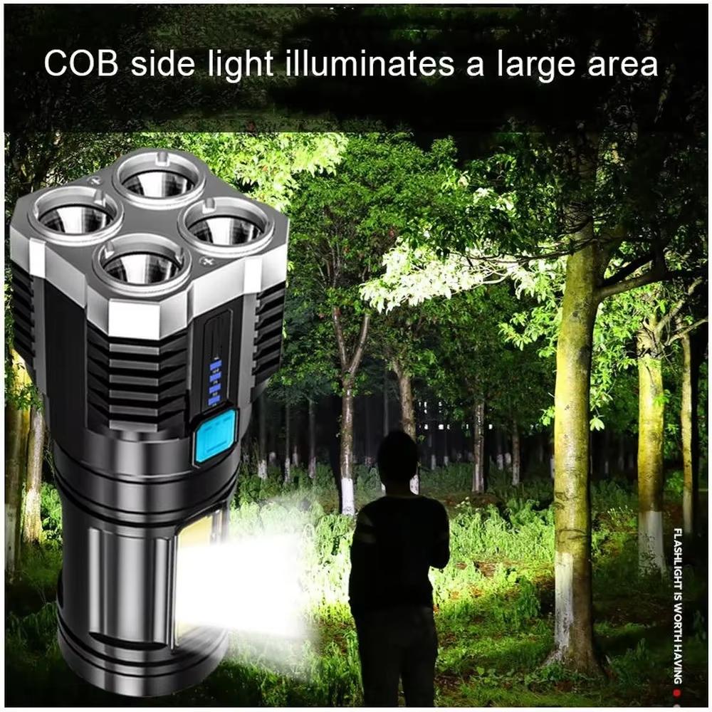 High Power 4LED Flashlights With Waterproof 3 Lighting Modes Torch COB Side Light Rechargeable Portable Camping Tool Searchlight