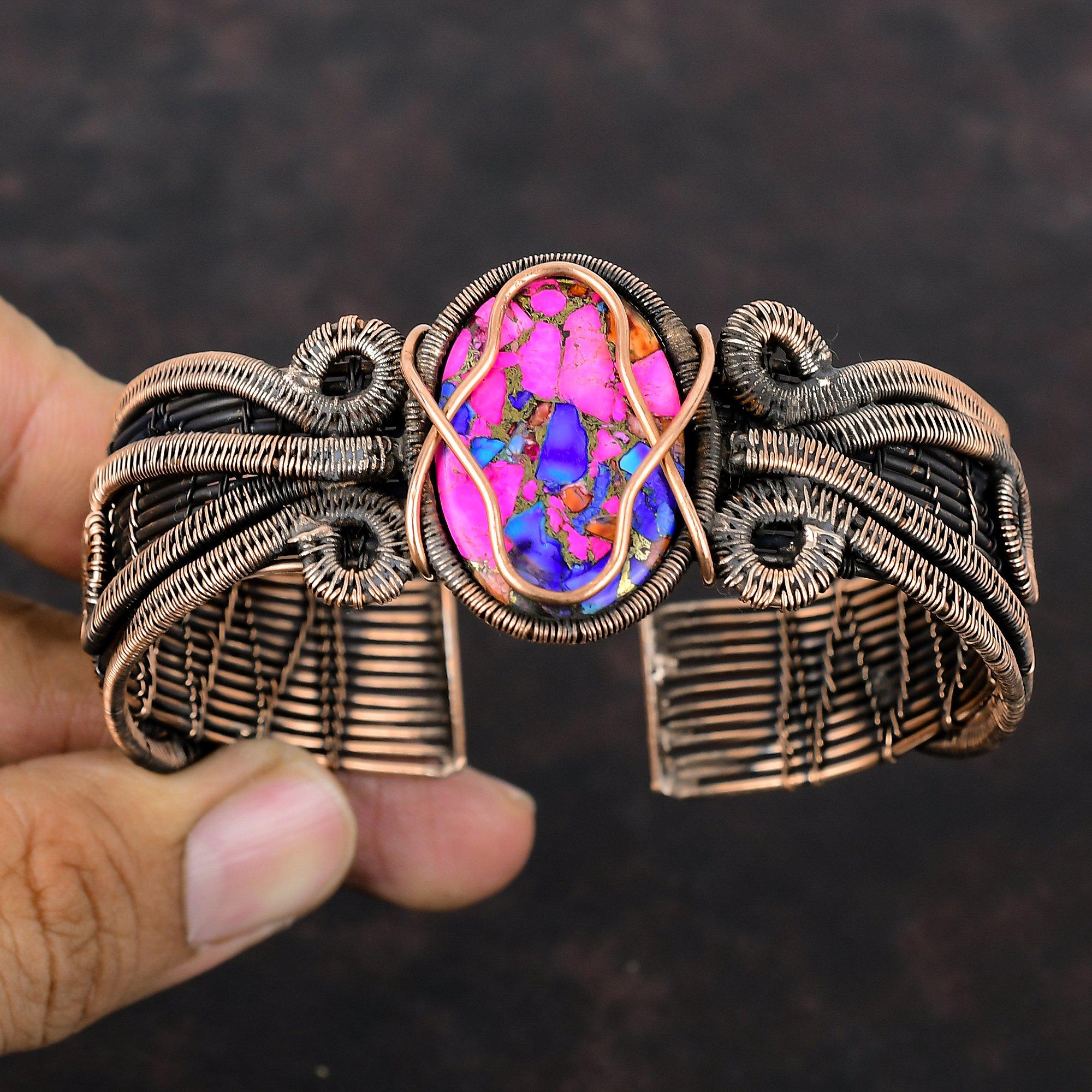 Pulseira Kingman Pink Dahlia Turquesa Pulseira com Pedras Preciosas Pulseira com Fio de Cobre Envolto Pulseira Ajustável Joia Feita à Mão Presente de Noiva