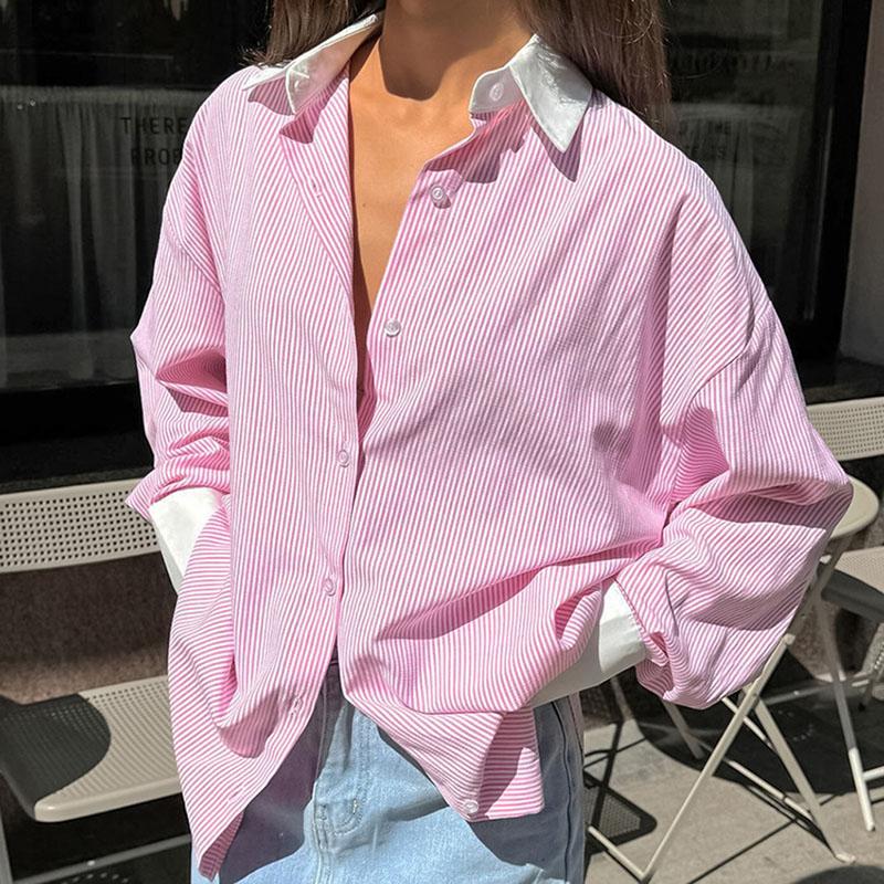 Casual Vintage Striped Long Sleeve ShirtsWomen Loose Lapel Single Breasted Oversize Blouse Fashion Versatile Daily Tops