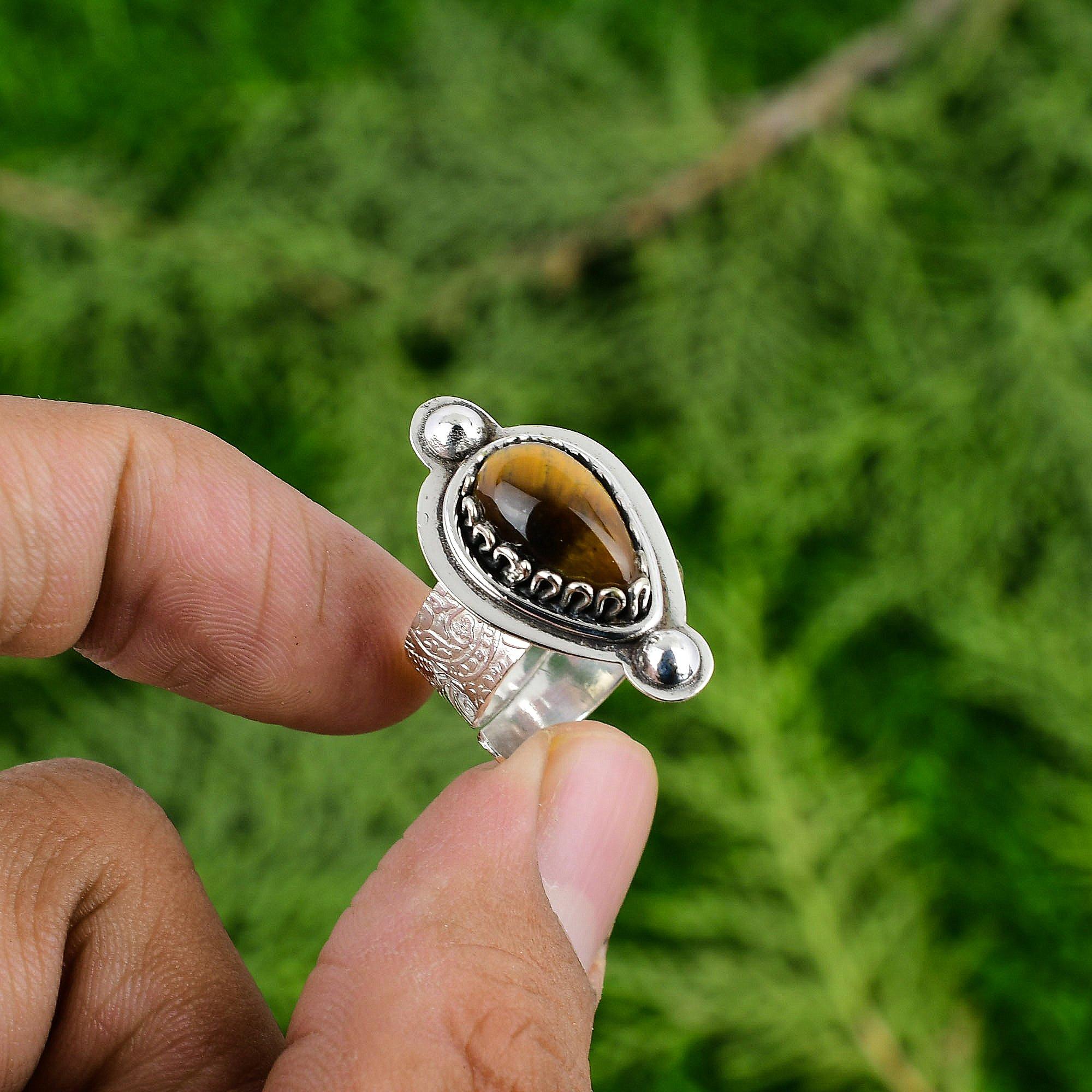 Natural Tigers Eye Statement Multi Stone Birthday Wedding Ring Sterling Silver