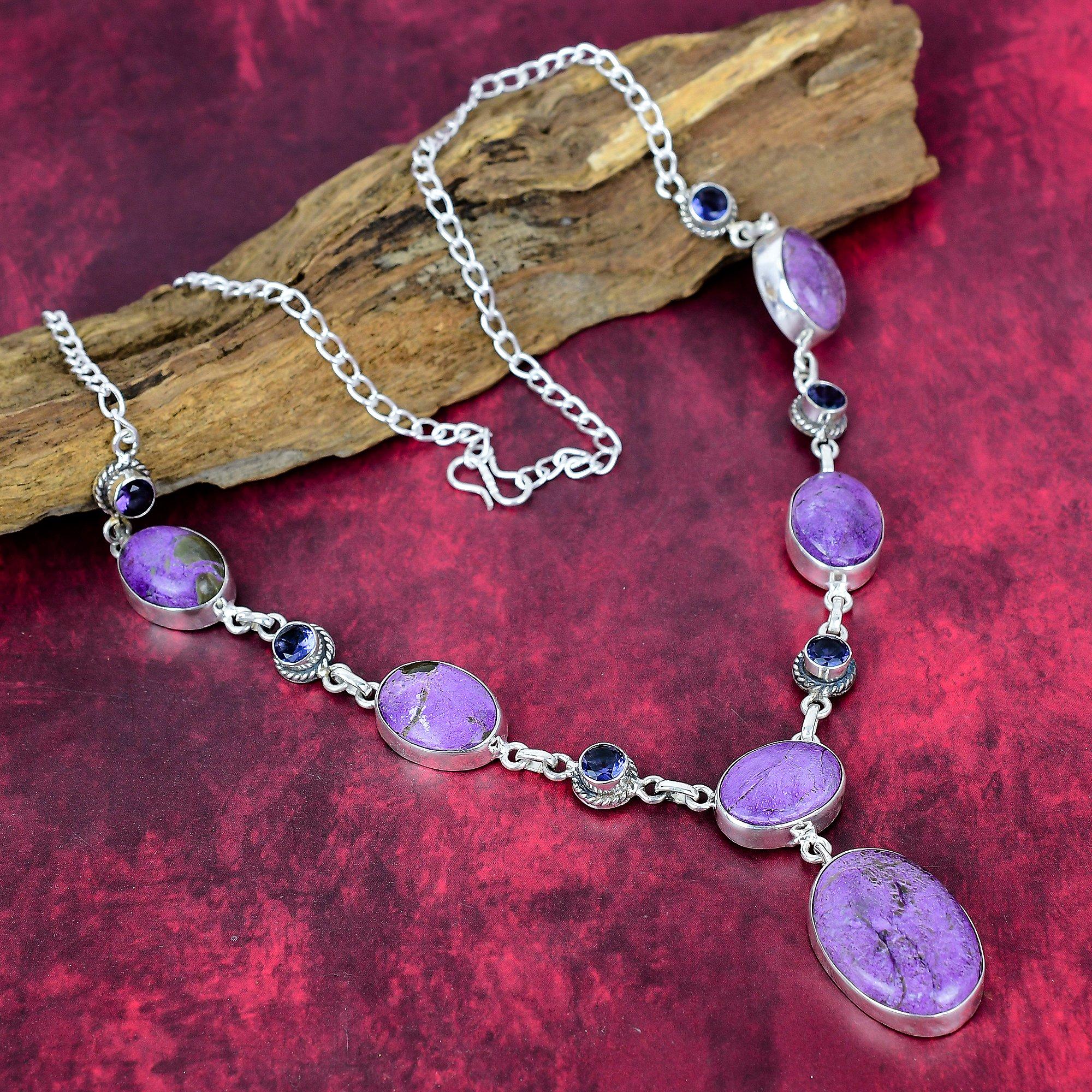 Purpurite & Amethyst 925 Solid Sterling Silver Necklace with Adjustable Chain, Handmade Gemstone Jewelry Necklace For Memorial Day