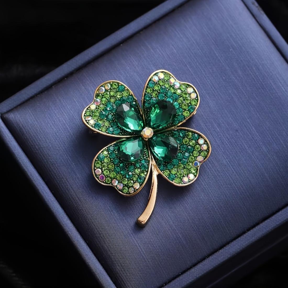 Green Rhinestone Shiny Four Leaf Clover Brooch Pin, Versatile Accessory For Cardigan Coat Hat Perfect Fashion Gift For Women