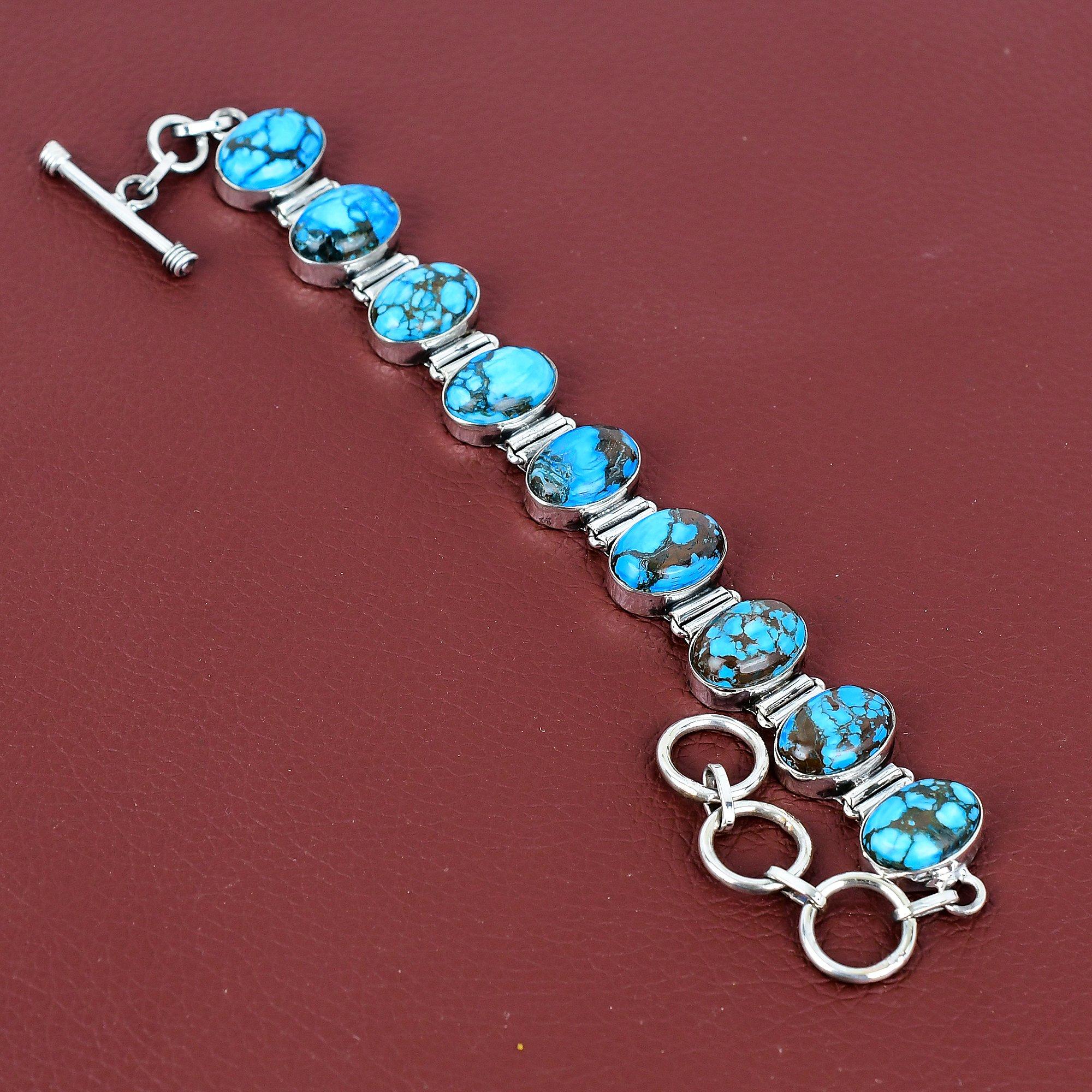 Pulseira de turquesa tibetana pulseira artesanal joias de pedra preciosa genuína pulseira de prata de lei 925 pulseira com corrente ajustável presentes de aniversário