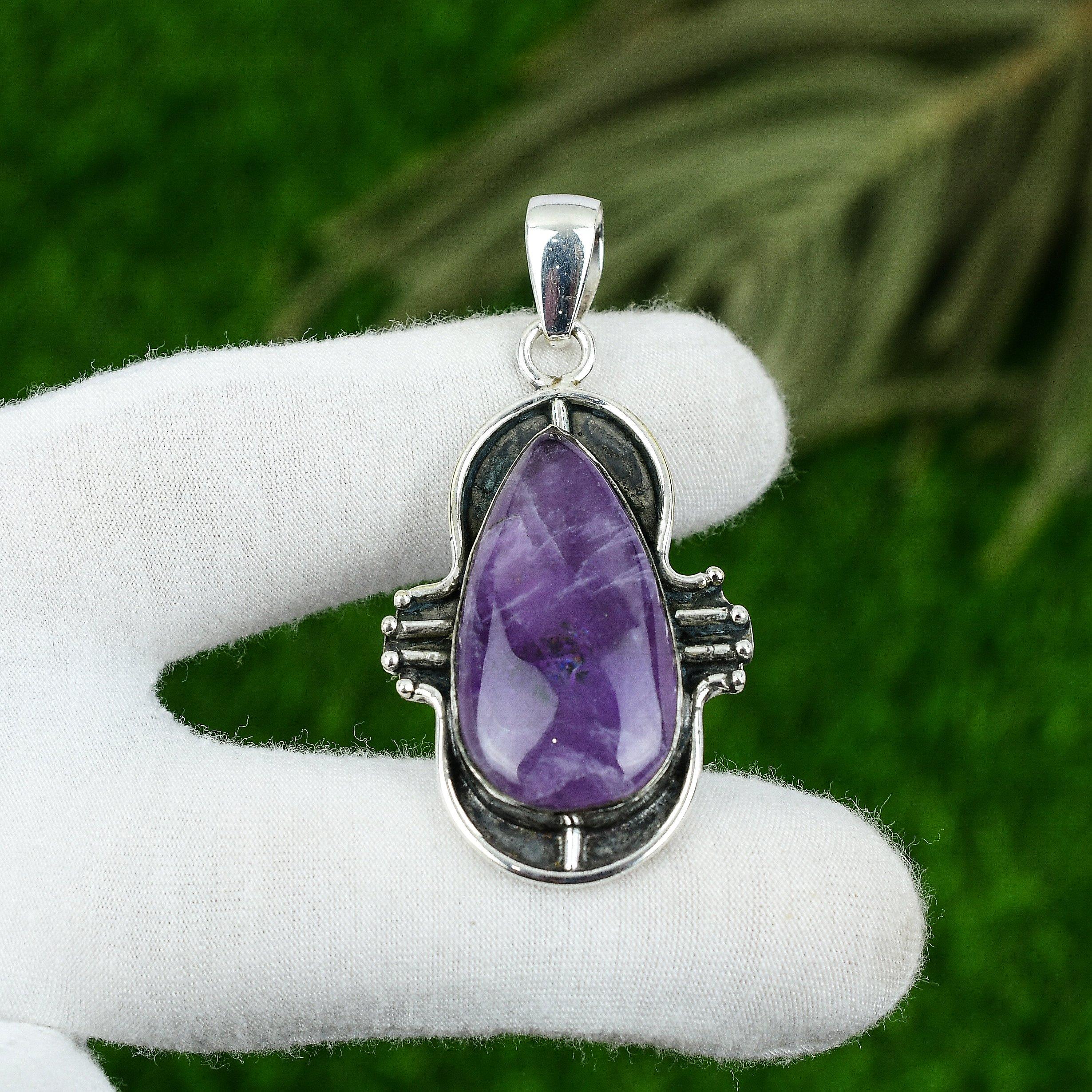 925 Silver Pear Natural Star Amethyst February Birth Boho Sister Pendant Jewelry