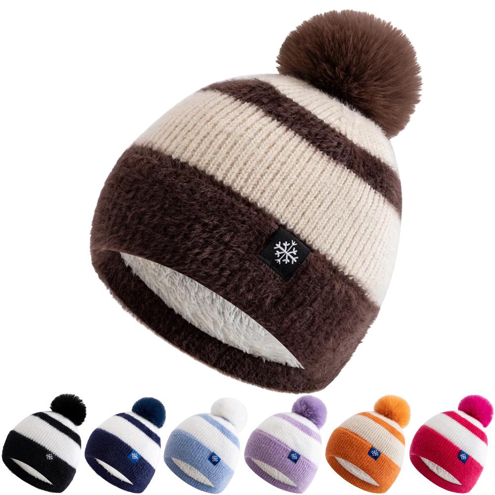 New Style Snow Label Beanie Hat Color Blocked Style Plush Fur Lined Pompoms Warm Winter Hat Fashion Y2k Beanie For Woman Girl