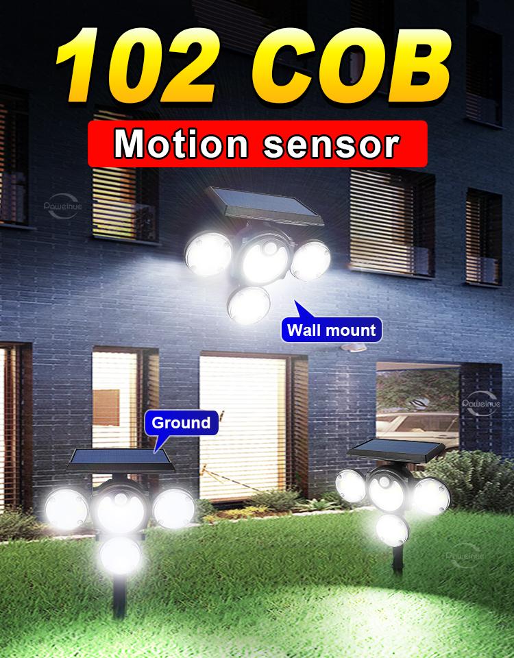 102 COB LED Solar Lights 4 Head Lamp PIR Motion Sensor Landscape Spotlights IP65 Waterproof Outdoor Lights Garden Decoration