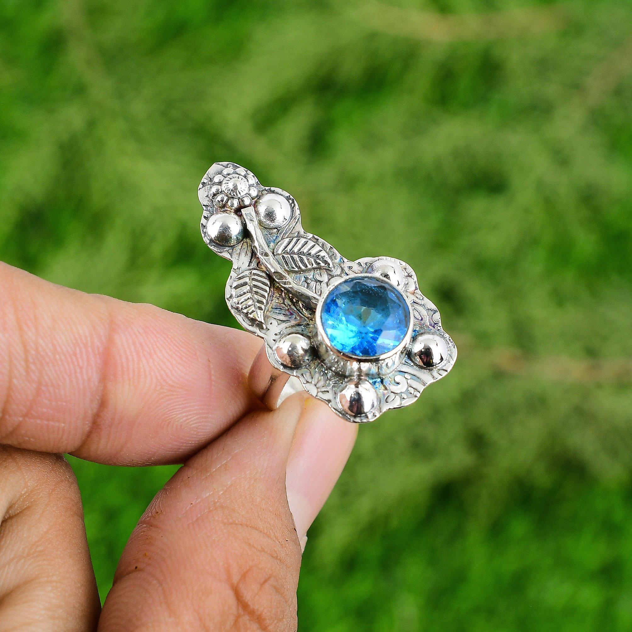 Natural Swiss Blue Topaz Sterling Silver Flower Bezel Statement Multi Stone Ring
