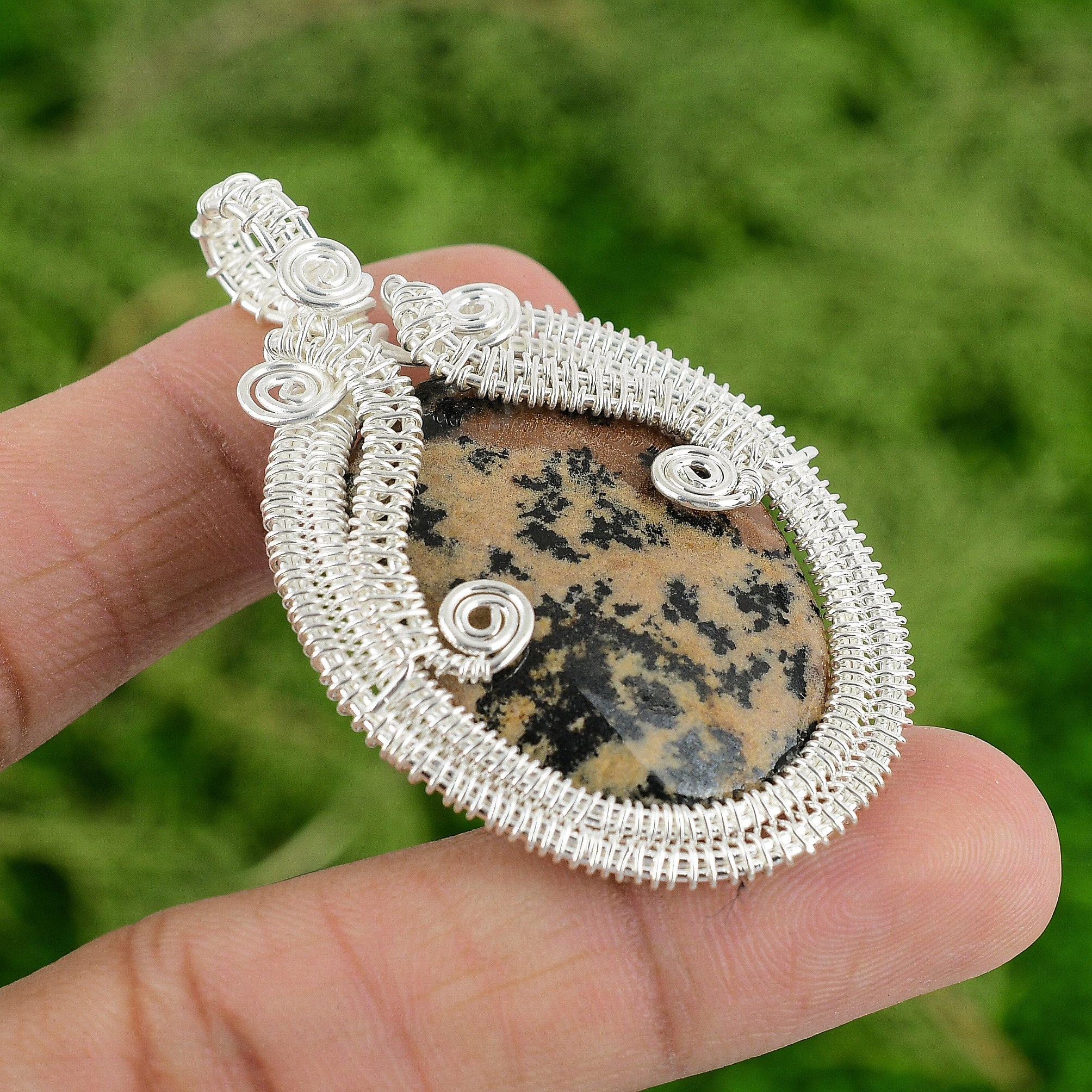 925 Silver Honey Dendrite Opal Gemstone Bezel Engagement Wife Wire Wrap Pendant