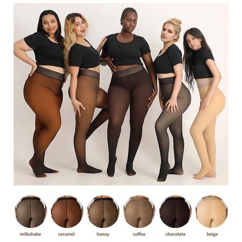 Plus Size Fleece Lined Tights Women, 200G Thermal Sheer Pantyhose, High Waist Windproof Warm Fake Transparent Stockings