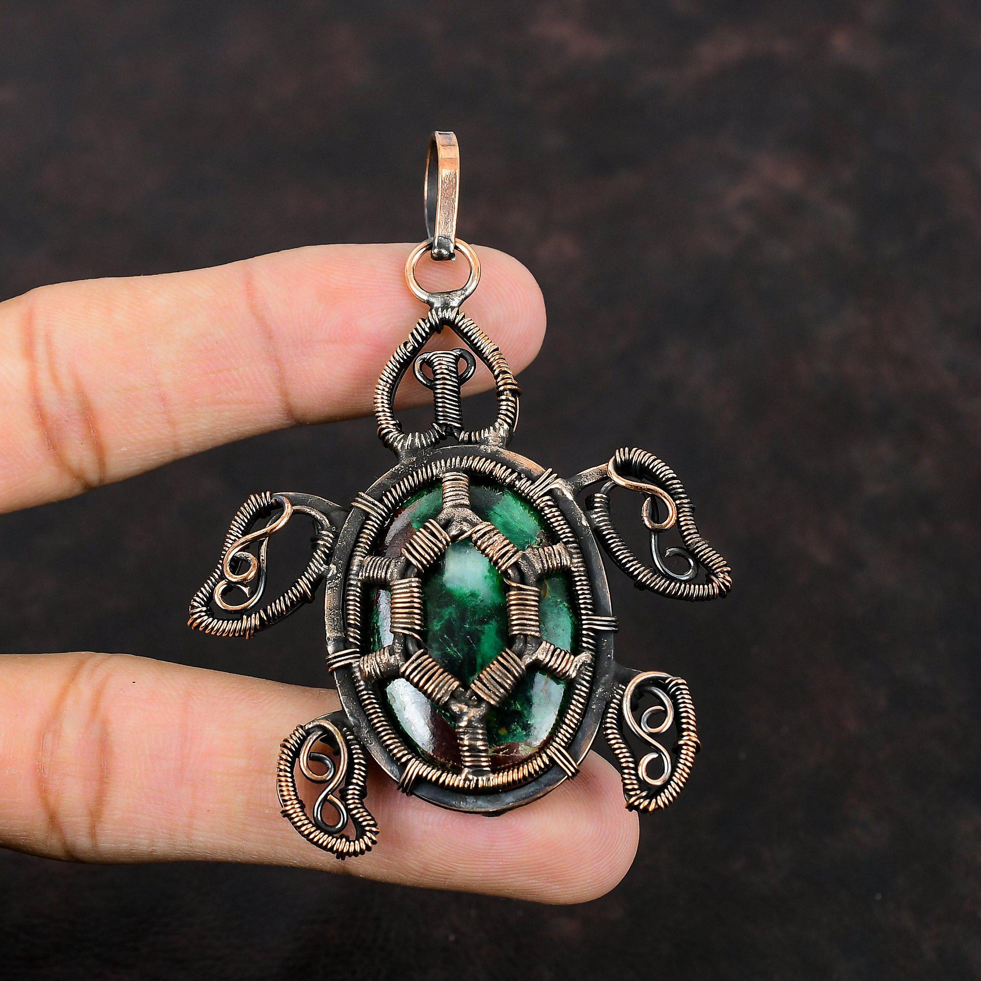 Pendentif Cuprite Chrysocolle Pendentif Enveloppé de Fil de Cuivre Bijou en Cuivre Antique Pendentif Pierre Gemme Tortue Pendentif Fait Main Cadeau d'Anniversaire