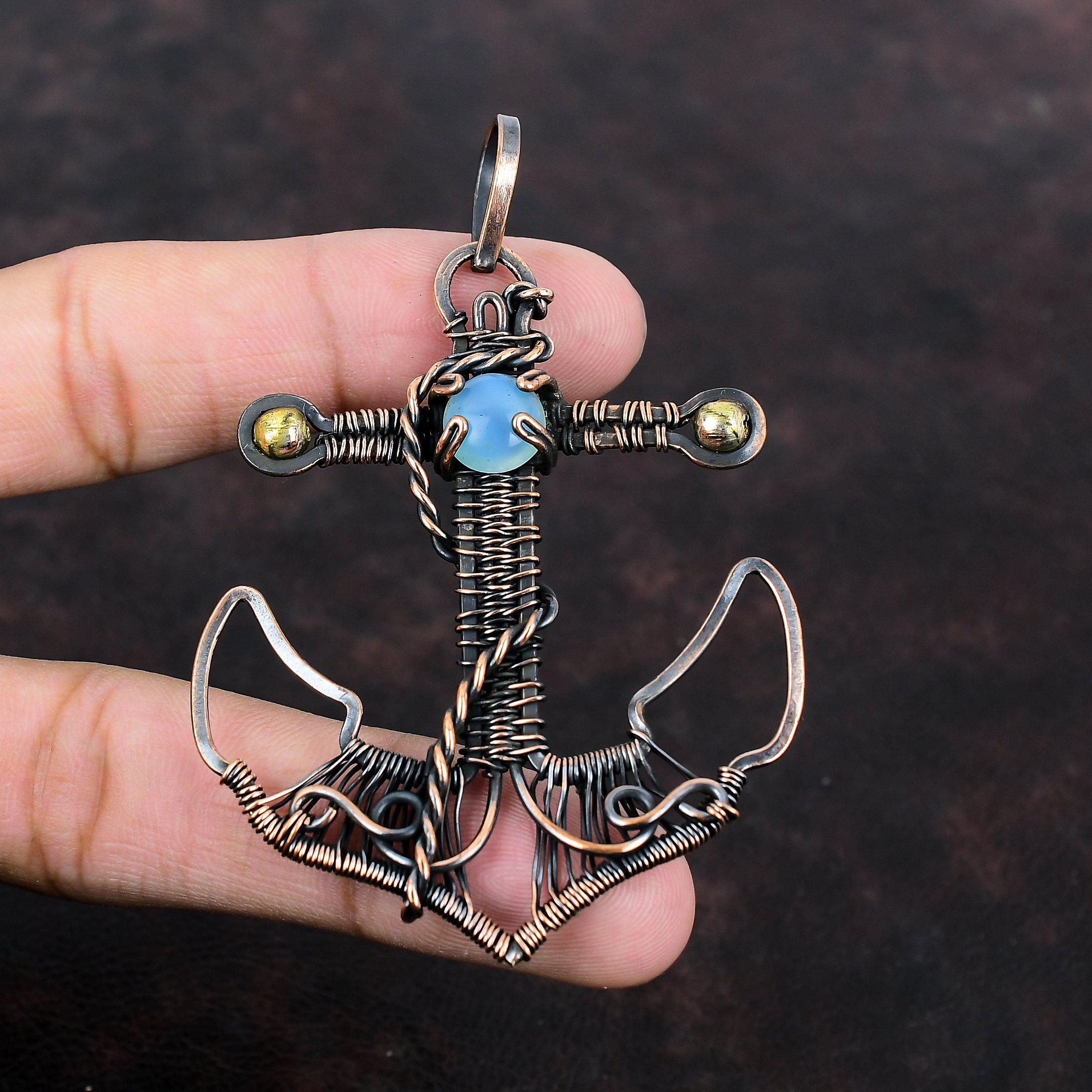 Blue Chalcedony Pendant Copper Wire Wrapped Pendant Handmade Pendant Copper Jewelry Anchor Pendant Genuine Gemstone Pendant Anniversary Gift