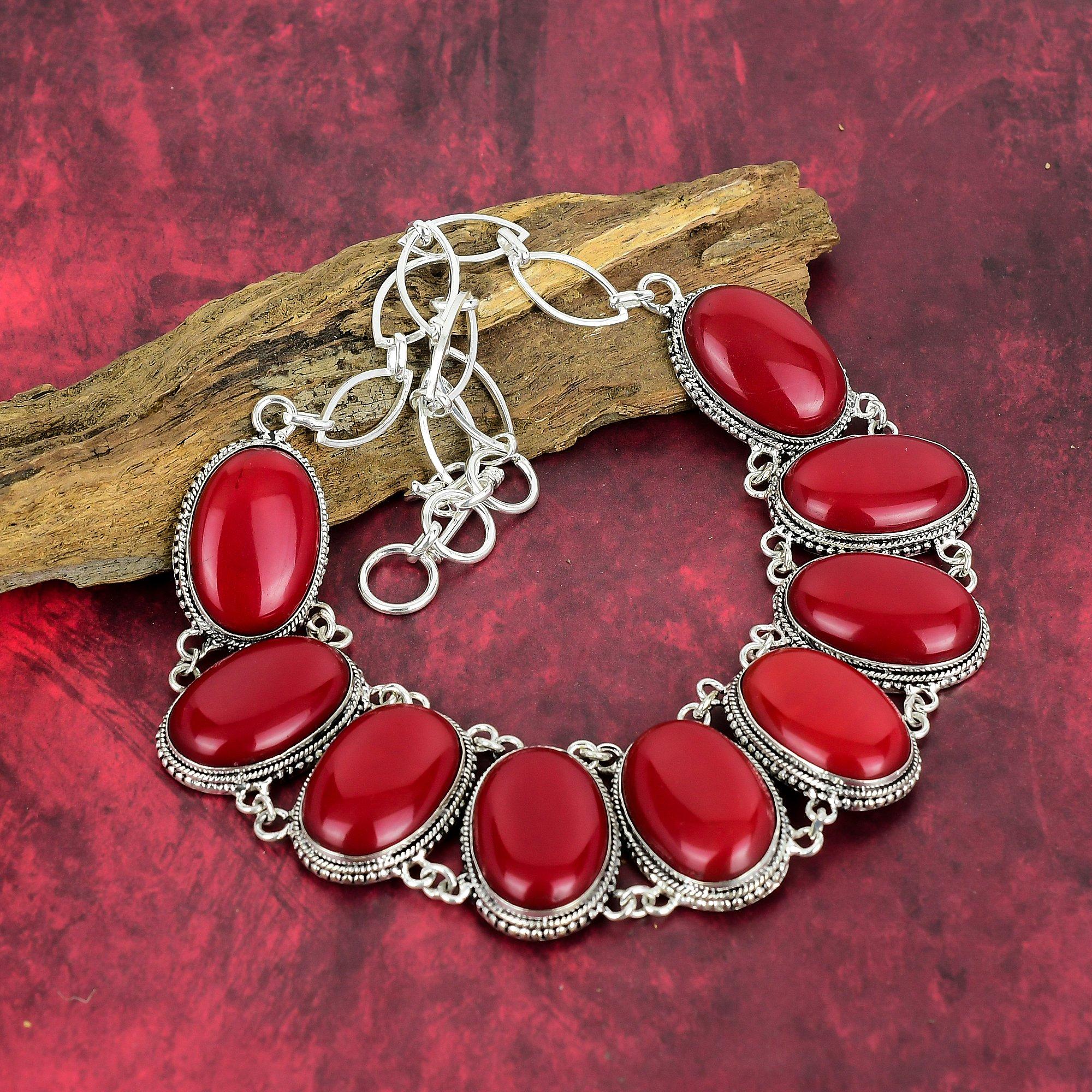 Red Coral Handmade Gemstone Necklace, 925 Solid Sterling Silver Necklace Antique Jewelry, Adjustable Chain Necklace Engagement Gift