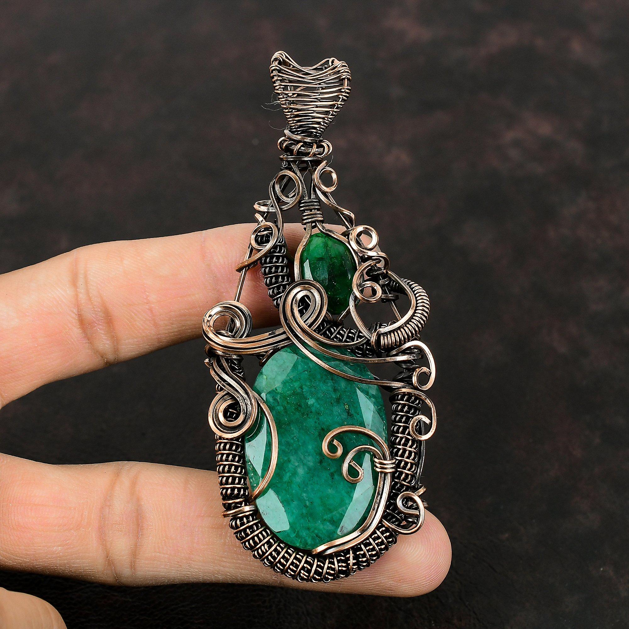 Faceted Zambian Emerald Pendant Copper Wire Wrapped Pendant Handmade Pendant Designer Copper Jewelry Gift For Her Awesome Gemstone Jewelry