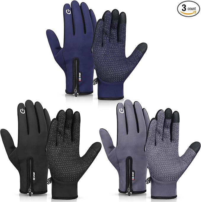 Winter Touchscreen Gloves for Men Women Waterproof Windproof Full Finger Cycling Silicone Non Slip Palm Zipper Sport Gloves for Running Driving Hiking