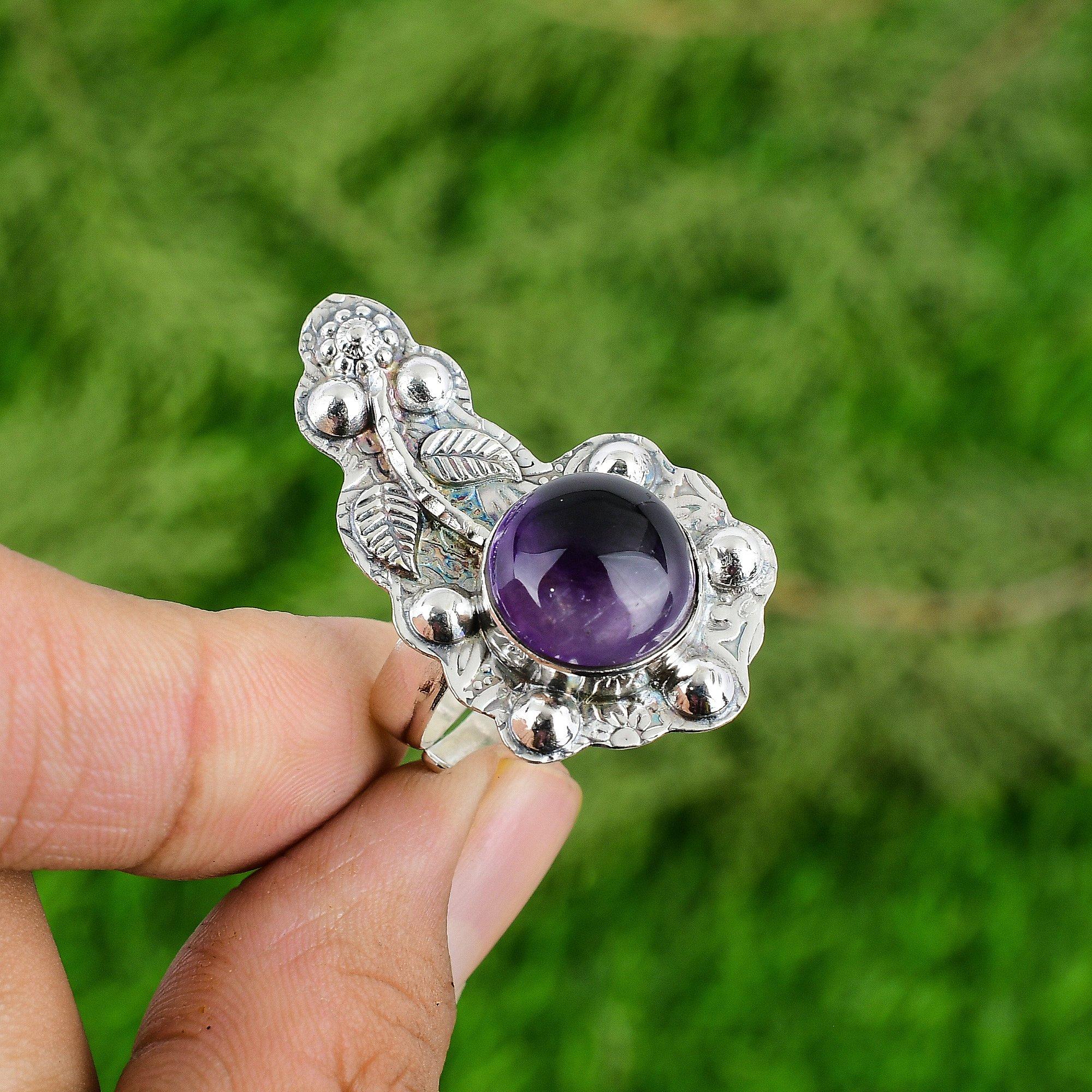 Mothers day Sale 925 Sterling Silver African Amethyst Stone Flower Promise Ring