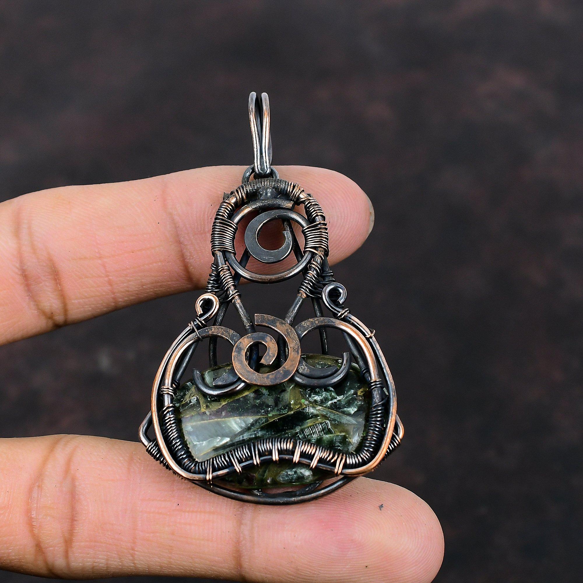 Copper Seraphinite Pendant Copper Wire Wrapped Pendant Gemstone Copper Jewelry Handmade Pendant Gift For Her Wire Wrap Seraphinite Jewelry