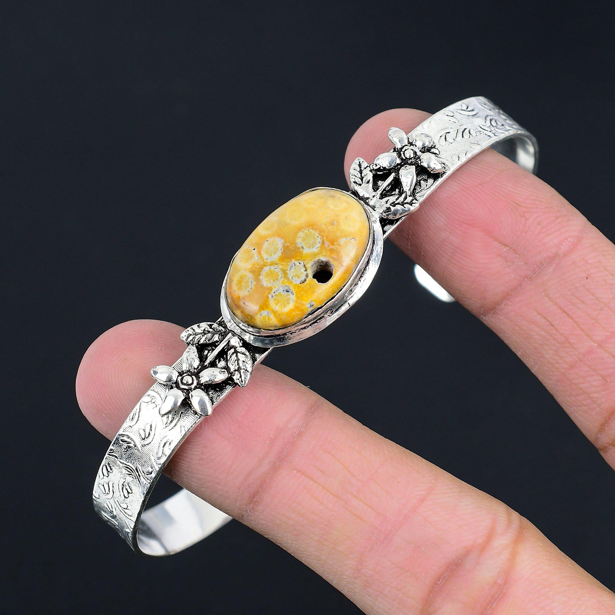 Daughters Day Deal Fossil Coral Stone 925 Silver Sister Elegant Bangle Jewelry