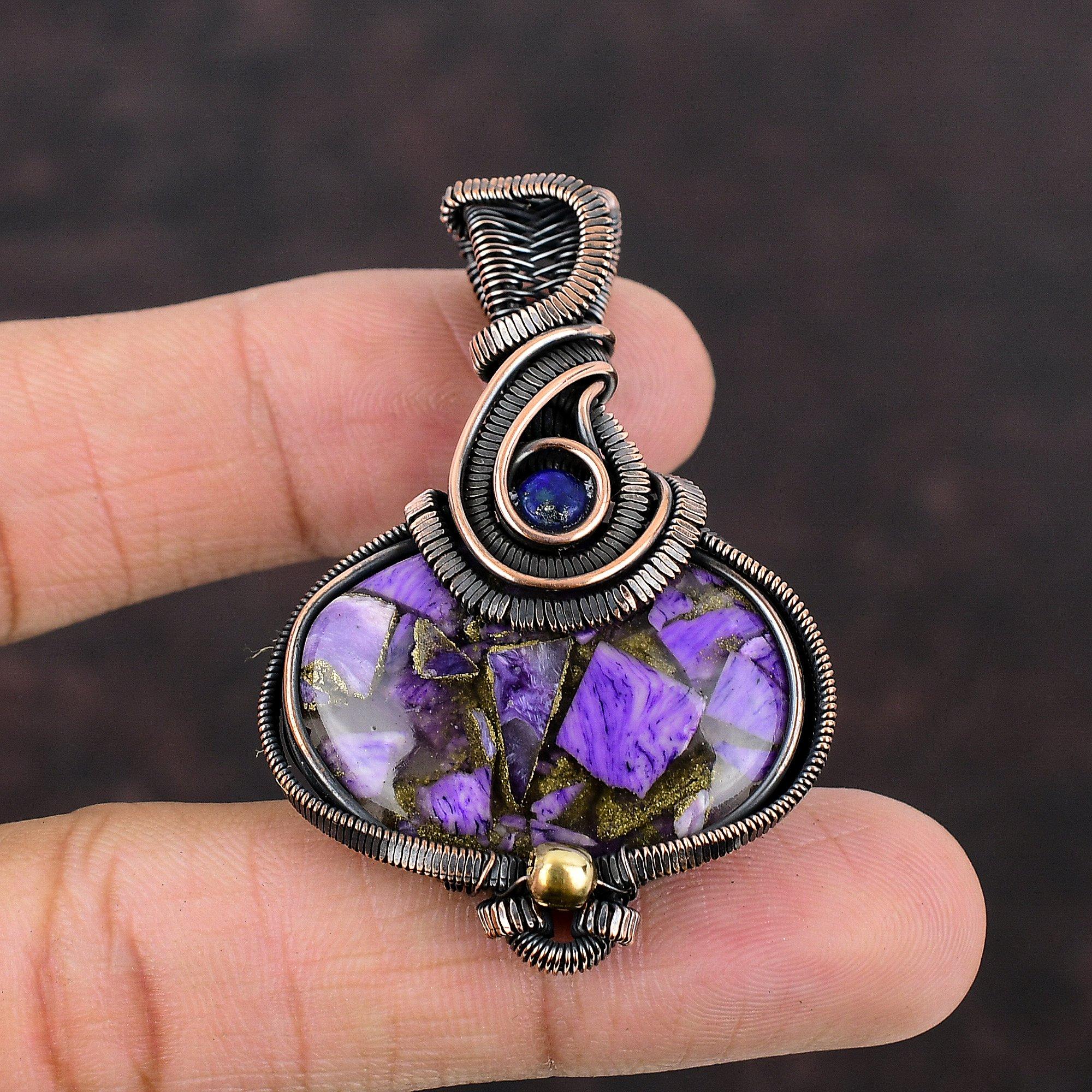 Pendentif en Charoïte de Cuivre Pendentif en Fil de Cuivre Enroulé Bijoux en Pierres Précieuses Pendentif Fait Main Pendentif Lapis Lazuli Beaux Bijoux en Cuivre Pour Cadeau