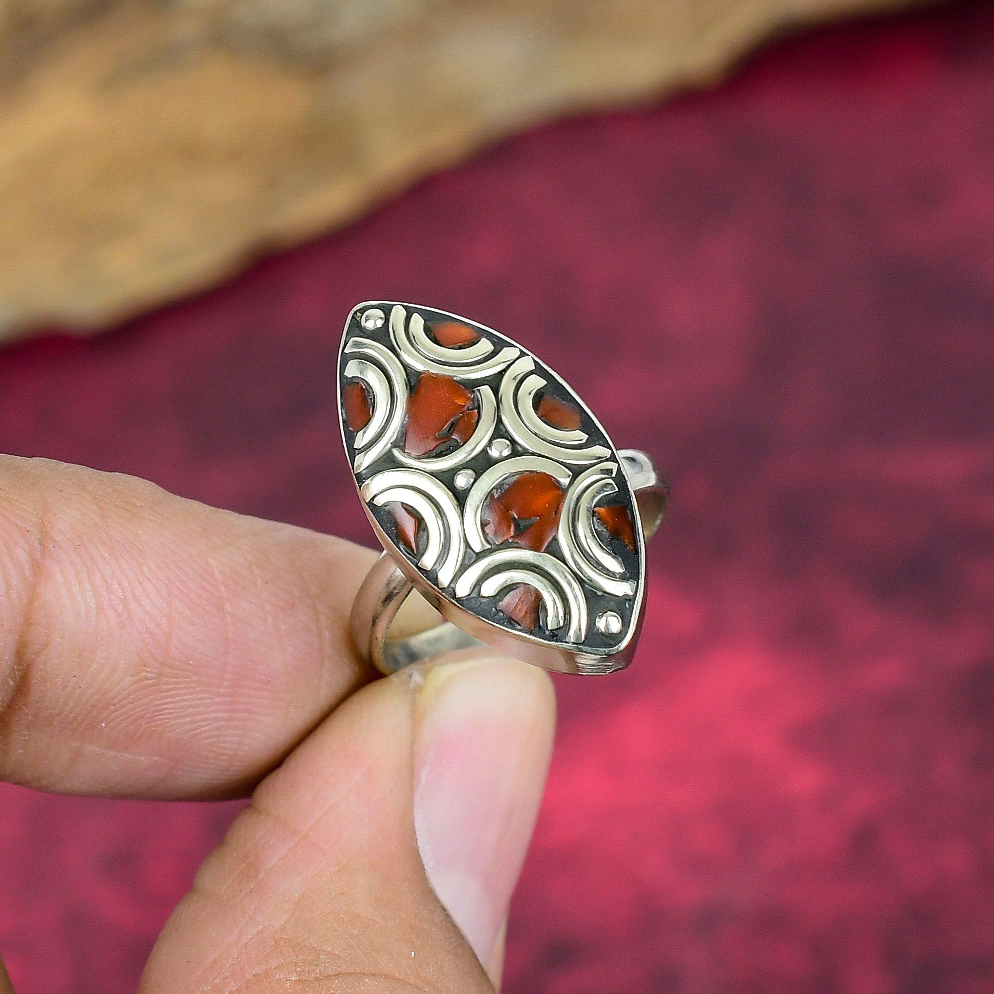 Coral 925 Solid Sterling Silver Nepali Ring, Handmade Gemstone Ring Jewelry, Gifts For Wife Brand New Adjustable Ring