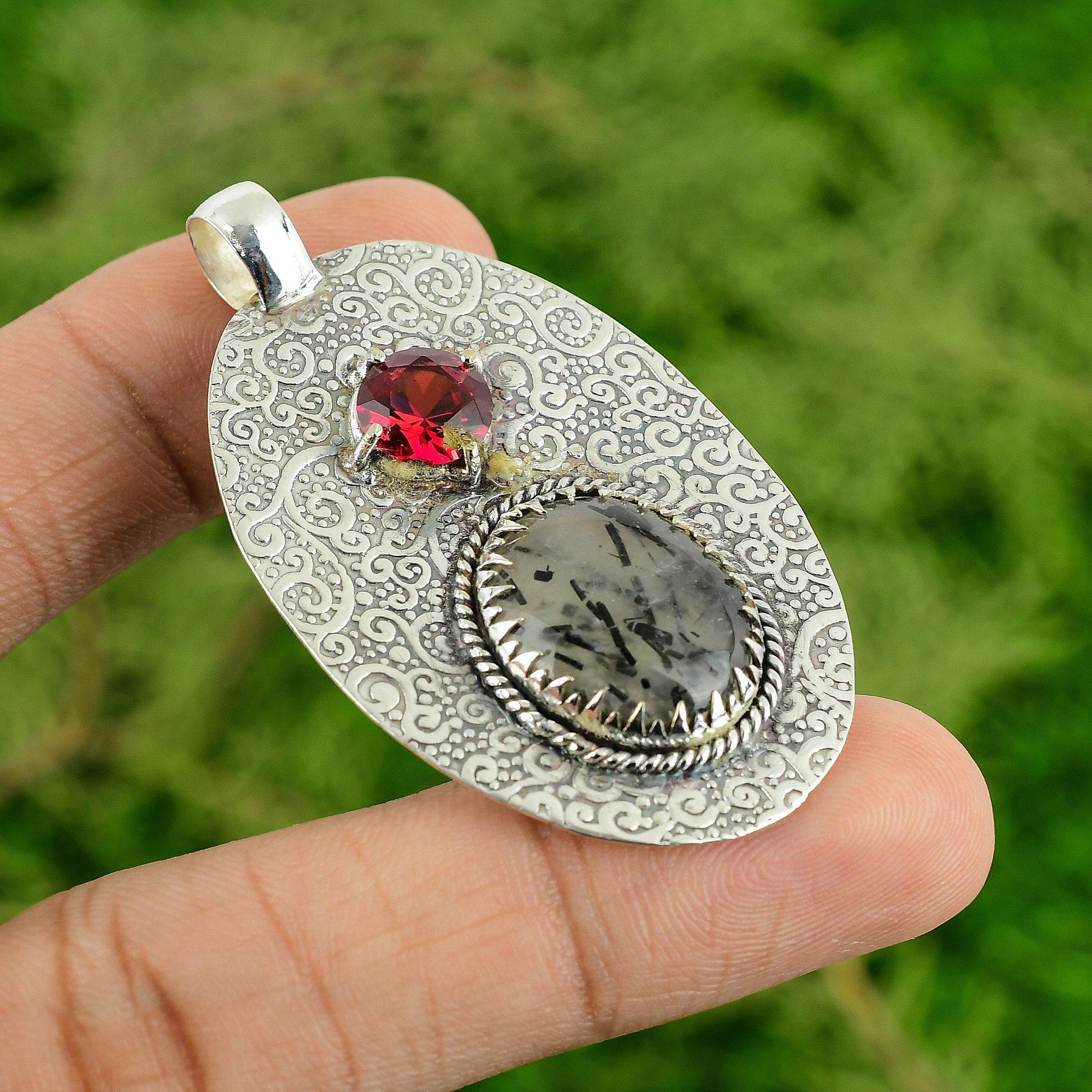 Natural Black Rutilated Quartz Mozambique Garnet Sterling Silver Mother Pendant